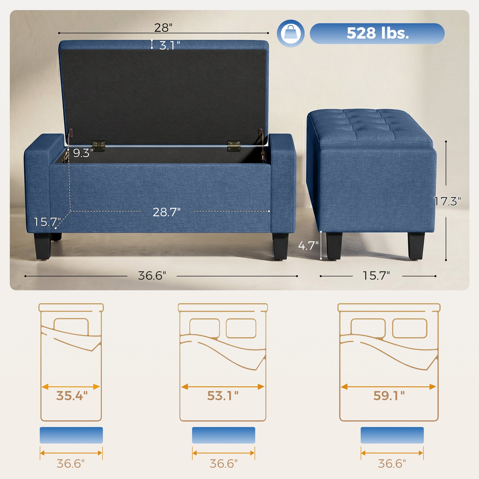 Storage Ottoman, Storage Bench with Wooden Legs, Tufted Armrests for Entryway, Living Room, Bedroom, 36.6", Blue