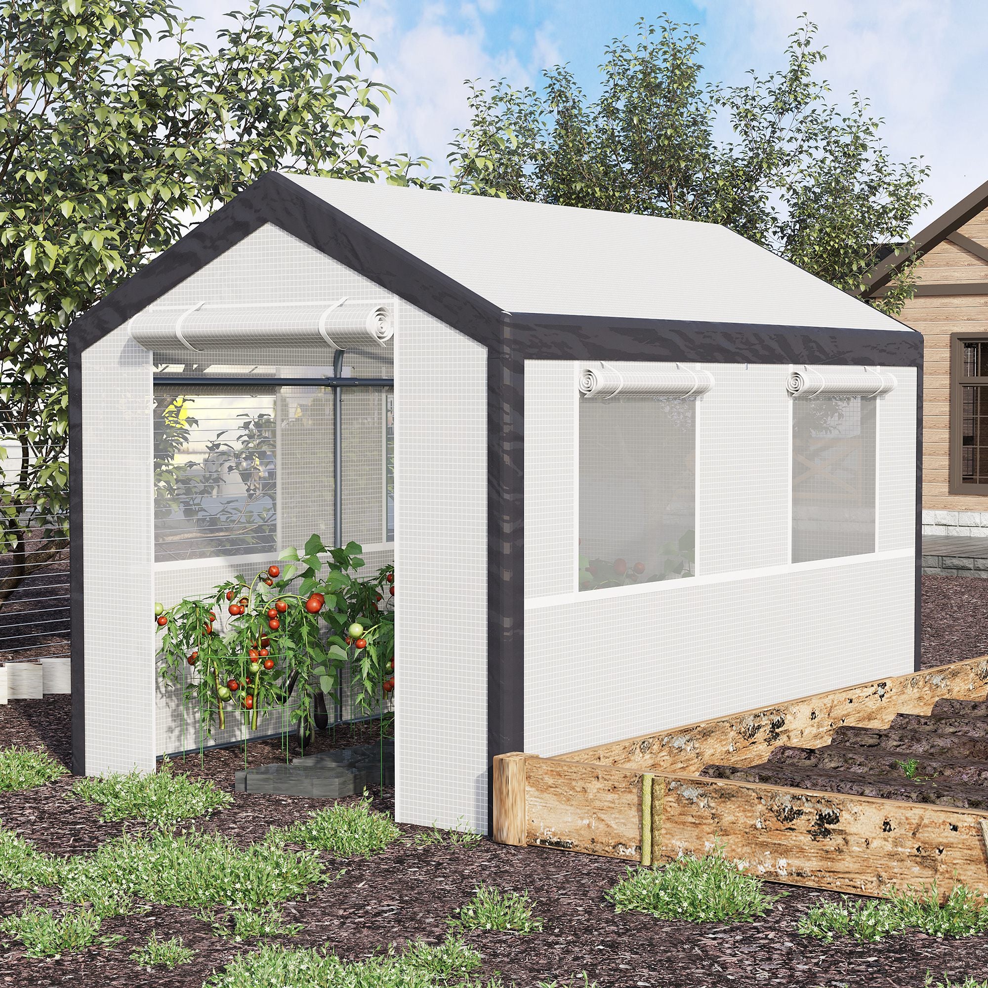 10' x 7' x 7' Greenhouse, Walk-in Outdoor Tunnel Green House with PE Cover, Steel Frame, 2 Roll-Up Zipper Doors & 4 Windows for Flowers, Vegetables, Tropical Plants, White