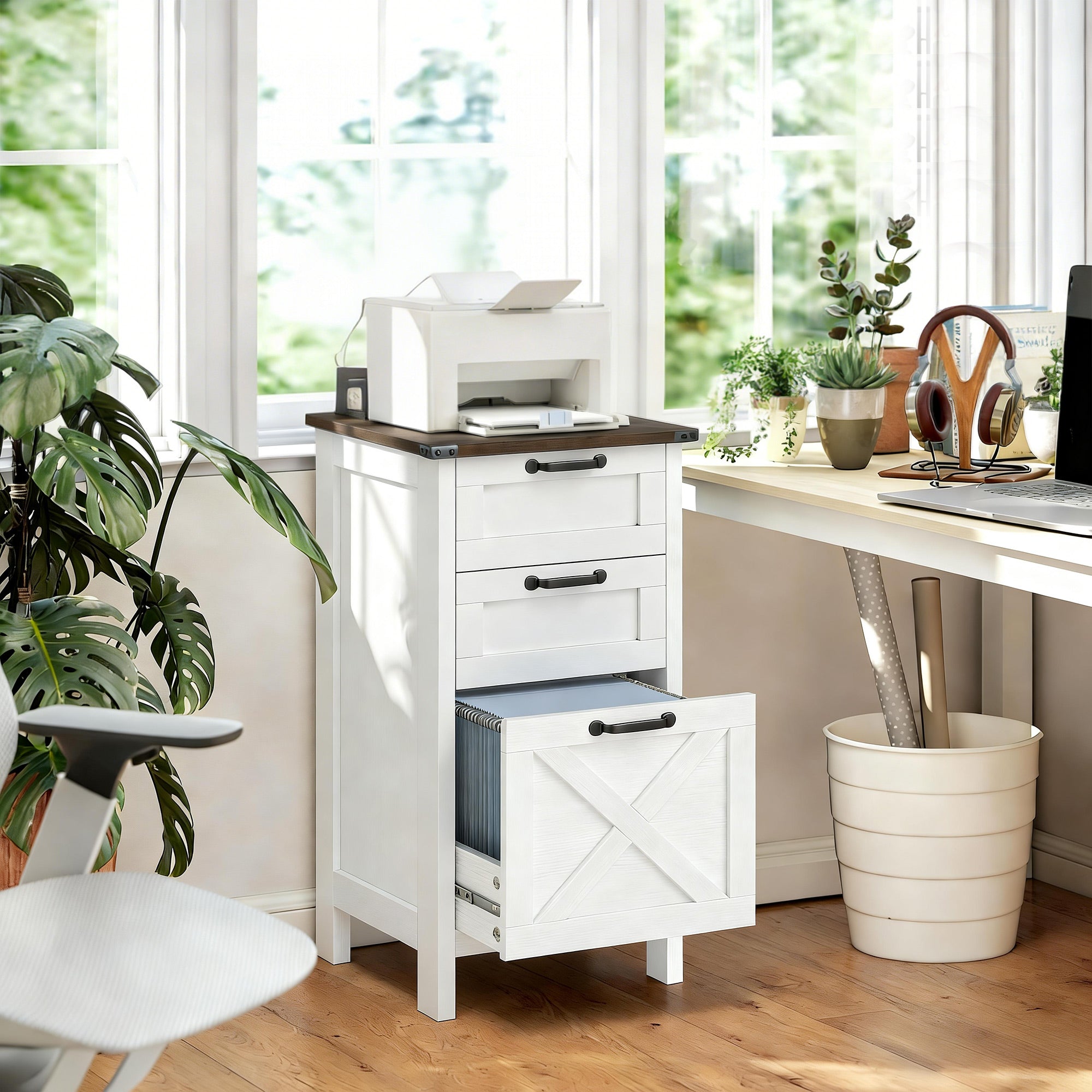 Vertical File Cabinet with 3 Drawers, Rustic Farmhouse Office Storage Cabinet for A4, Letter Size, Distressed White