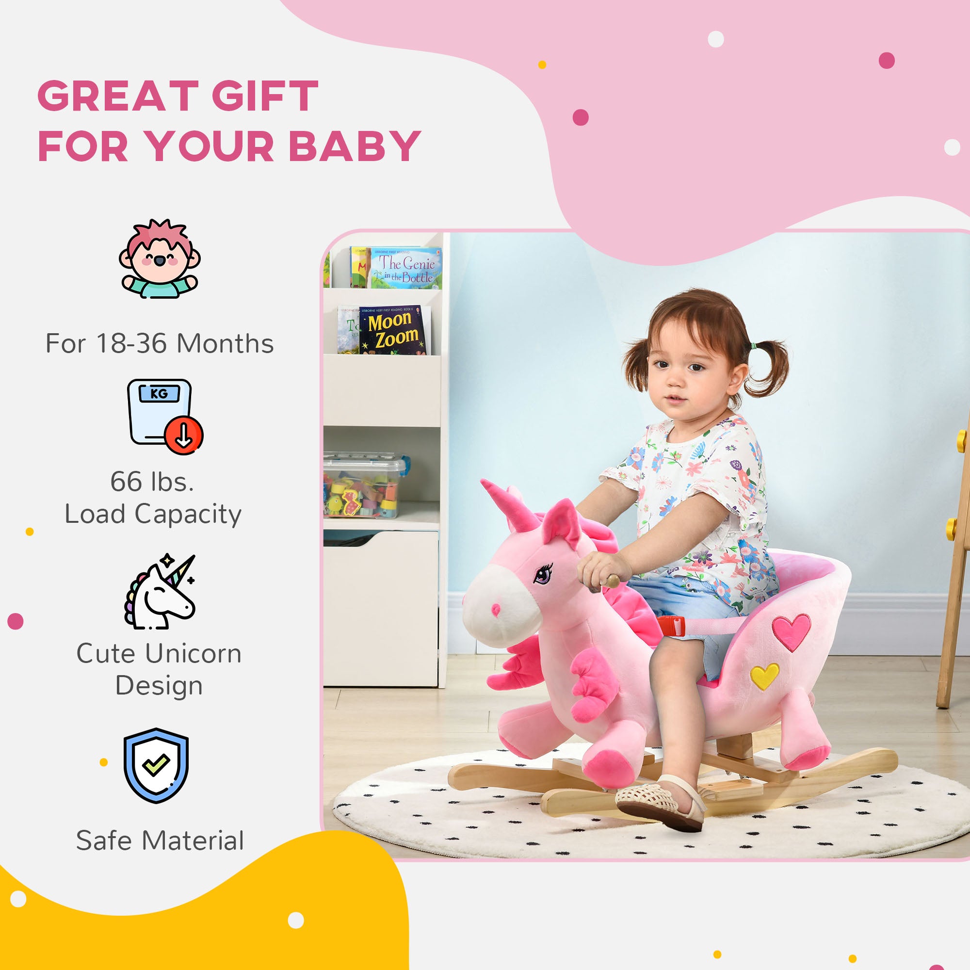 Baby Rocking Horse Ride On Unicorn with 32 Songs, Seatbelt, Pink