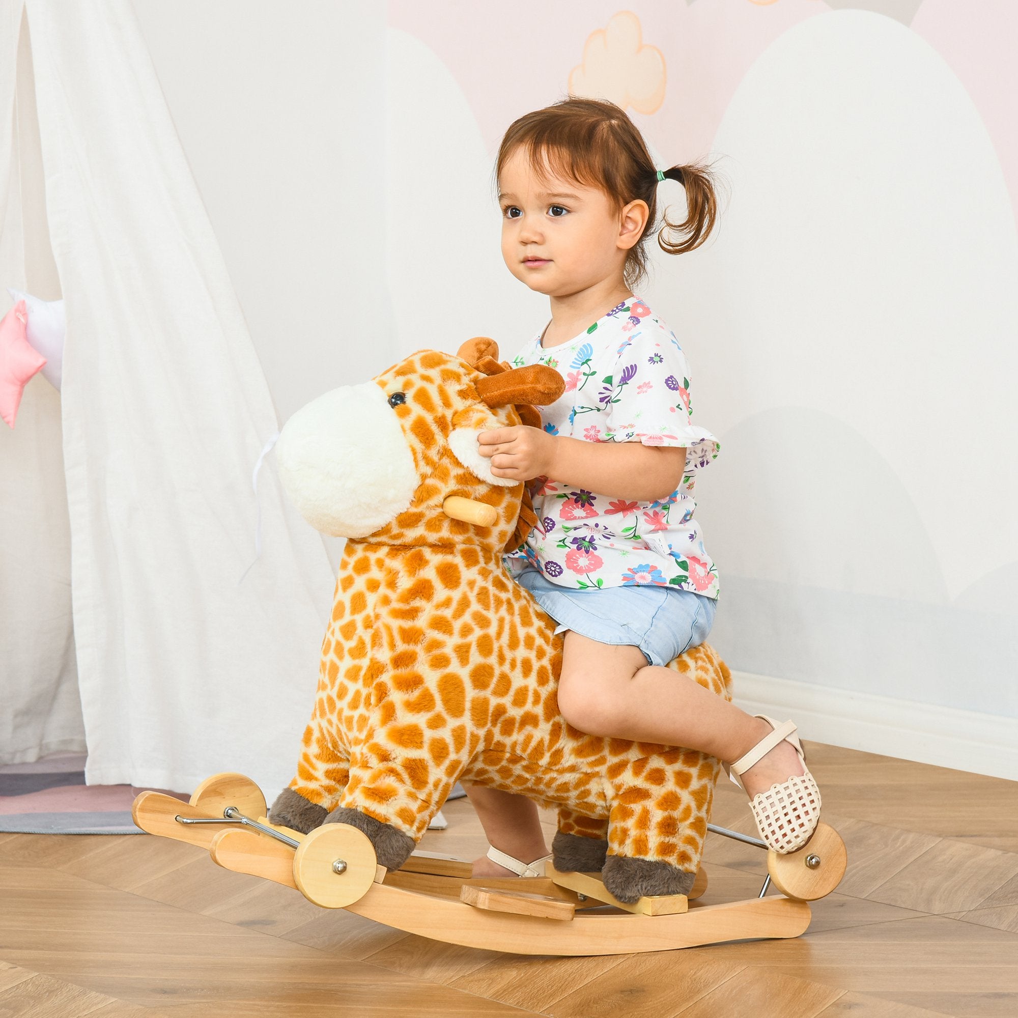 Rocking Horse, 2 in 1 Kids Ride on Horse, Rolling Giraffe Animal Rocker with Sound, Wooden Base, Pedal, Grip Handle, Plush Riding Pony for 3-6 Years Old, Yellow