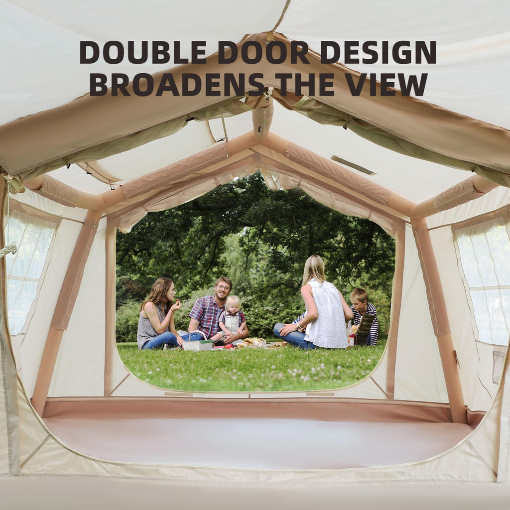 4-Season Camping Tent with Extended Awning and Higher Sidewalls, Waterproof Family Tent with Dual Doors, 126″ L x 98.5″ W x 82.5″ H, Beige