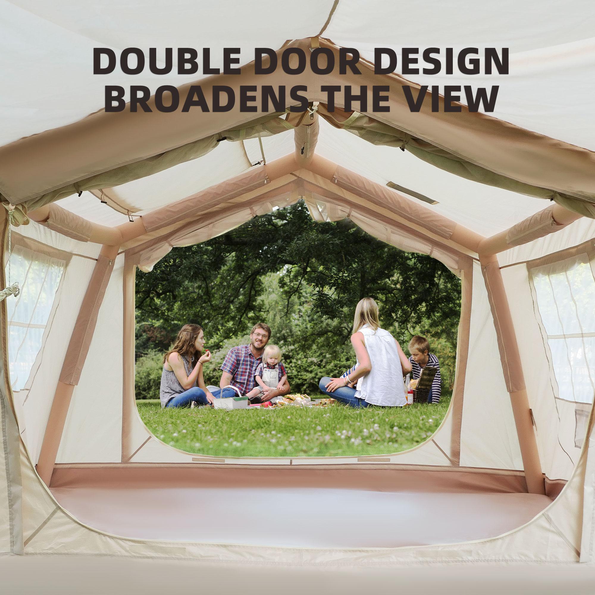 4-Season Camping Tent with Extended Awning and Higher Sidewalls, Waterproof Family Tent with Dual Doors, 126″ L x 98.5″ W x 82.5″ H, Beige