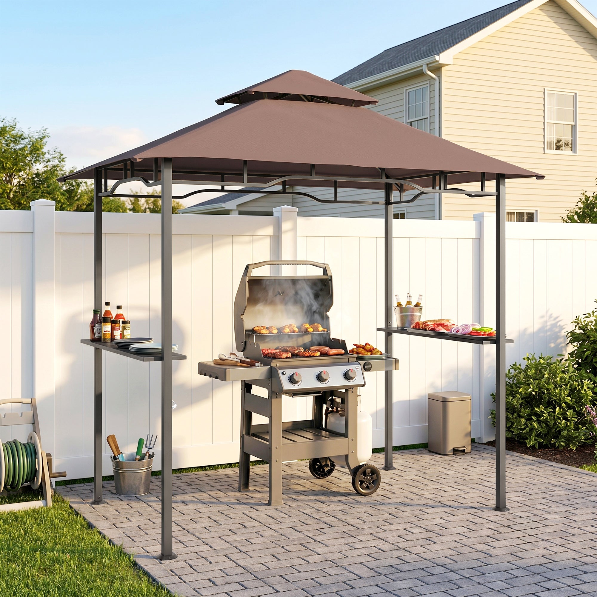 8' x 5' Grill Gazebo with Double Roof, Outdoor BBQ Canopy Gazebo with 2 Side Shelves for Patio Yard Garden Coffee