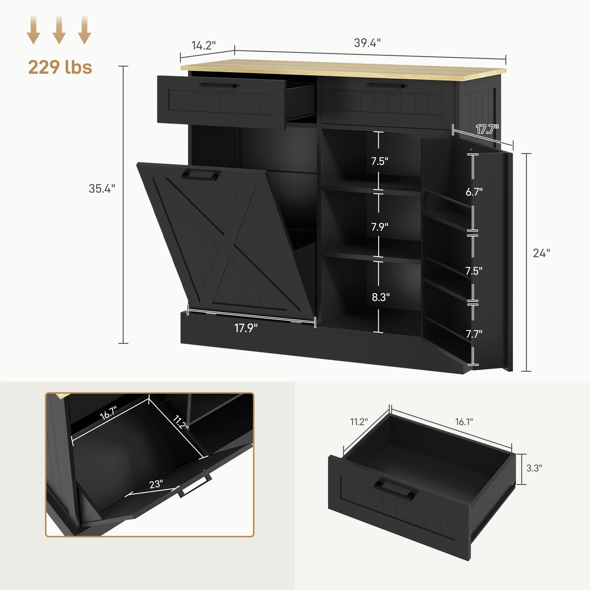 10 Gallon Farmhouse Kitchen Cabinet with Hidden Trash Can and 2 Drawers, Tilt Out Trash Can Cabinet for Kitchen, Black