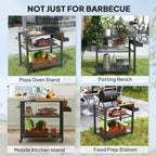 3-Tier Outdoor Grill Cart with Storage Racks, Side Handle, Movable Pizza Oven Table on Wheels