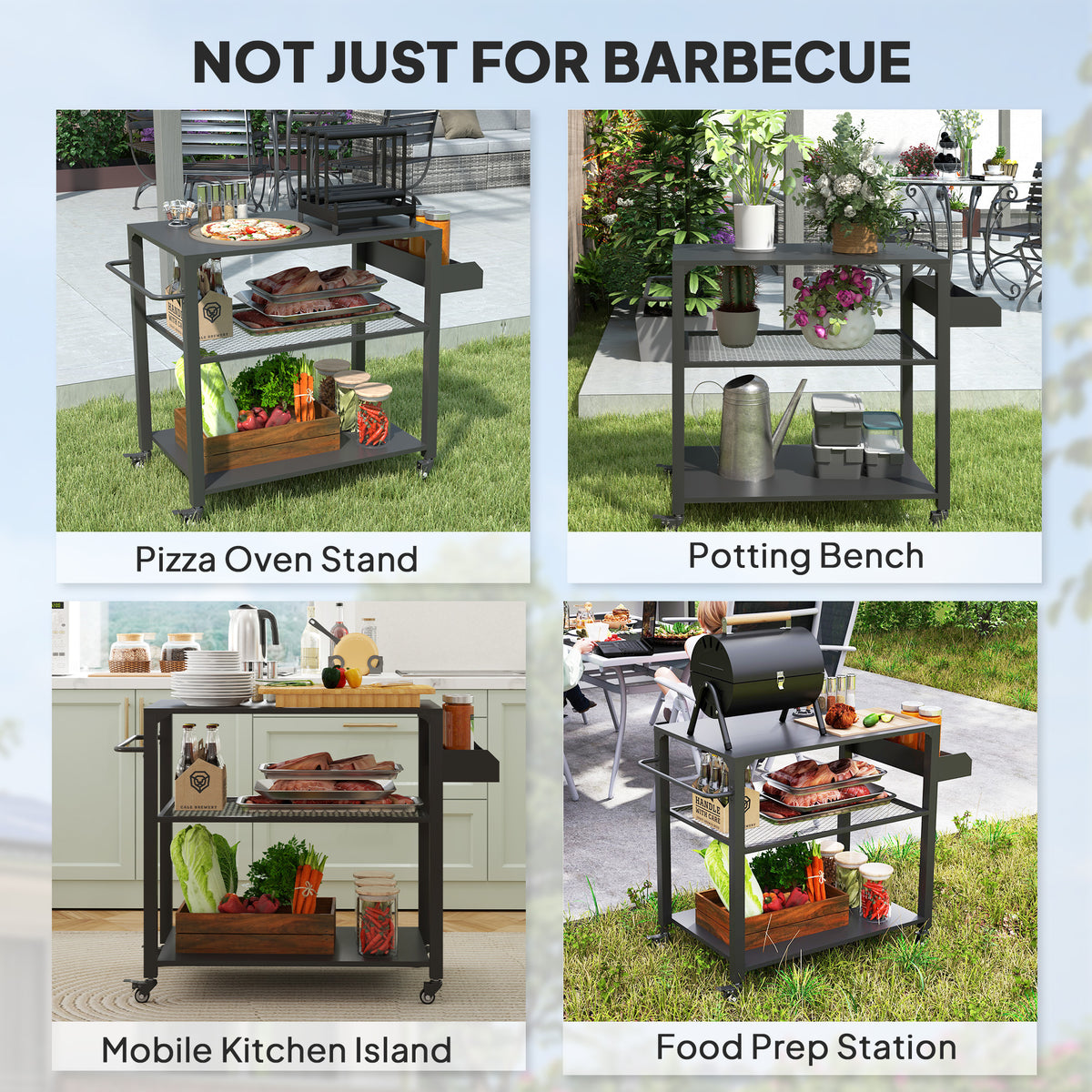 3-Tier Outdoor Grill Cart with Storage Racks, Side Handle, Movable Pizza Oven Table on Wheels