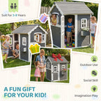 Outdoor Wooden Playhouse for Kids with Floor, Door, Windows, Planter Box for 3-8 Years Old, Backyard, Lawn, Garden
