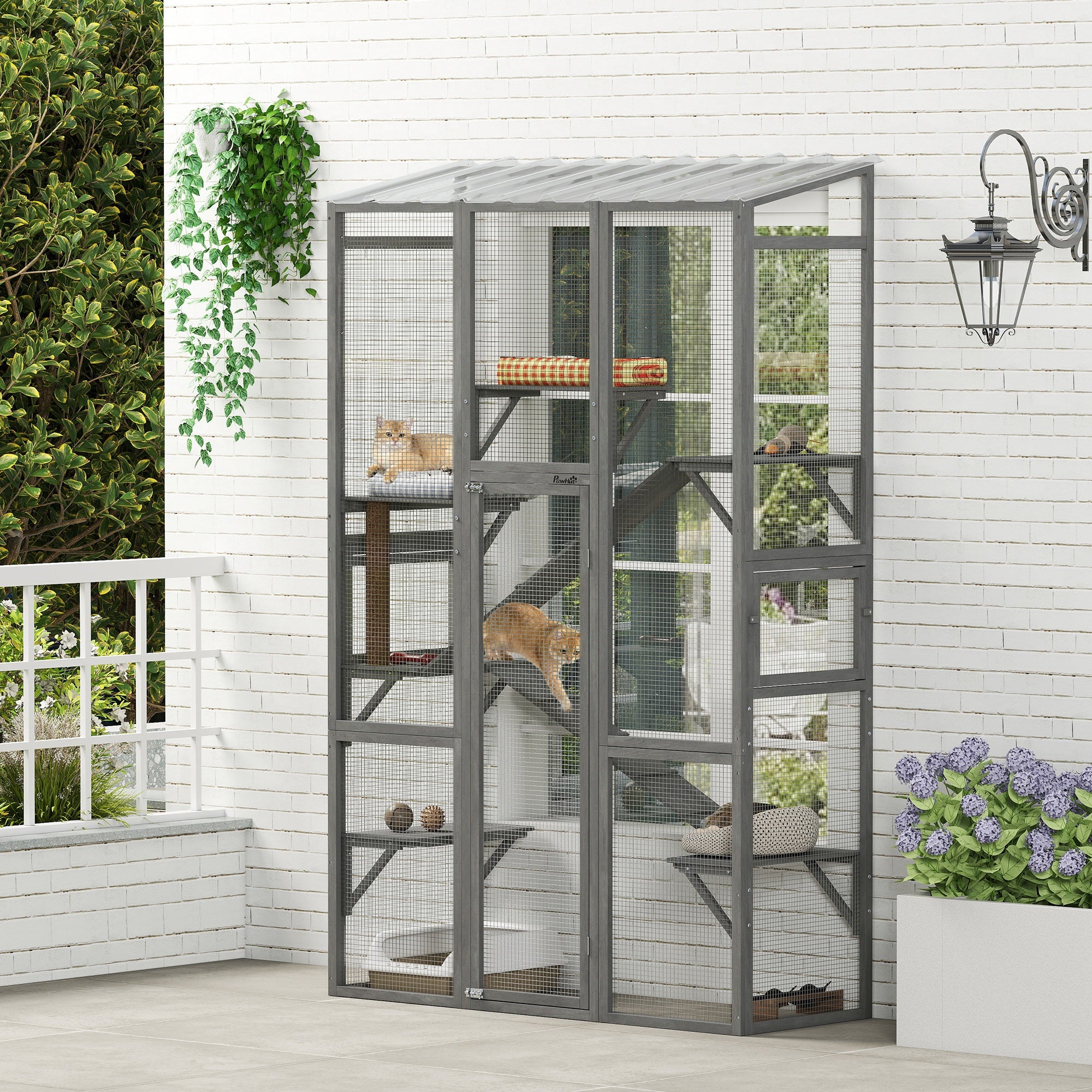Outdoor Catio Cat Enclosure, Large Wooden Cat House with 6 Jumping Platforms, Scratching Post, 2 Ramps, for 2-3 Kittens