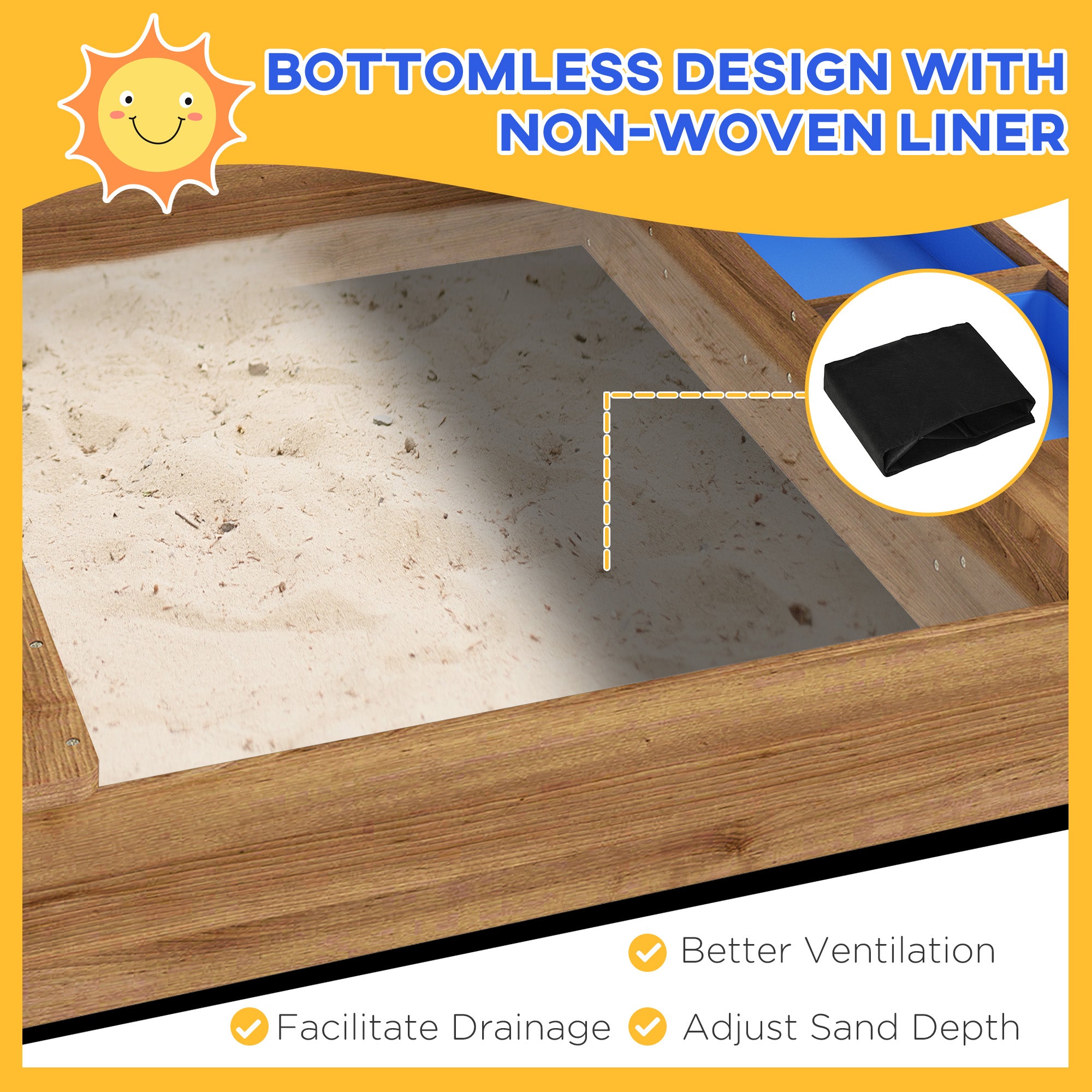 Wooden Sandbox with Canopy, House Design for 3-7 Years Old, Brown