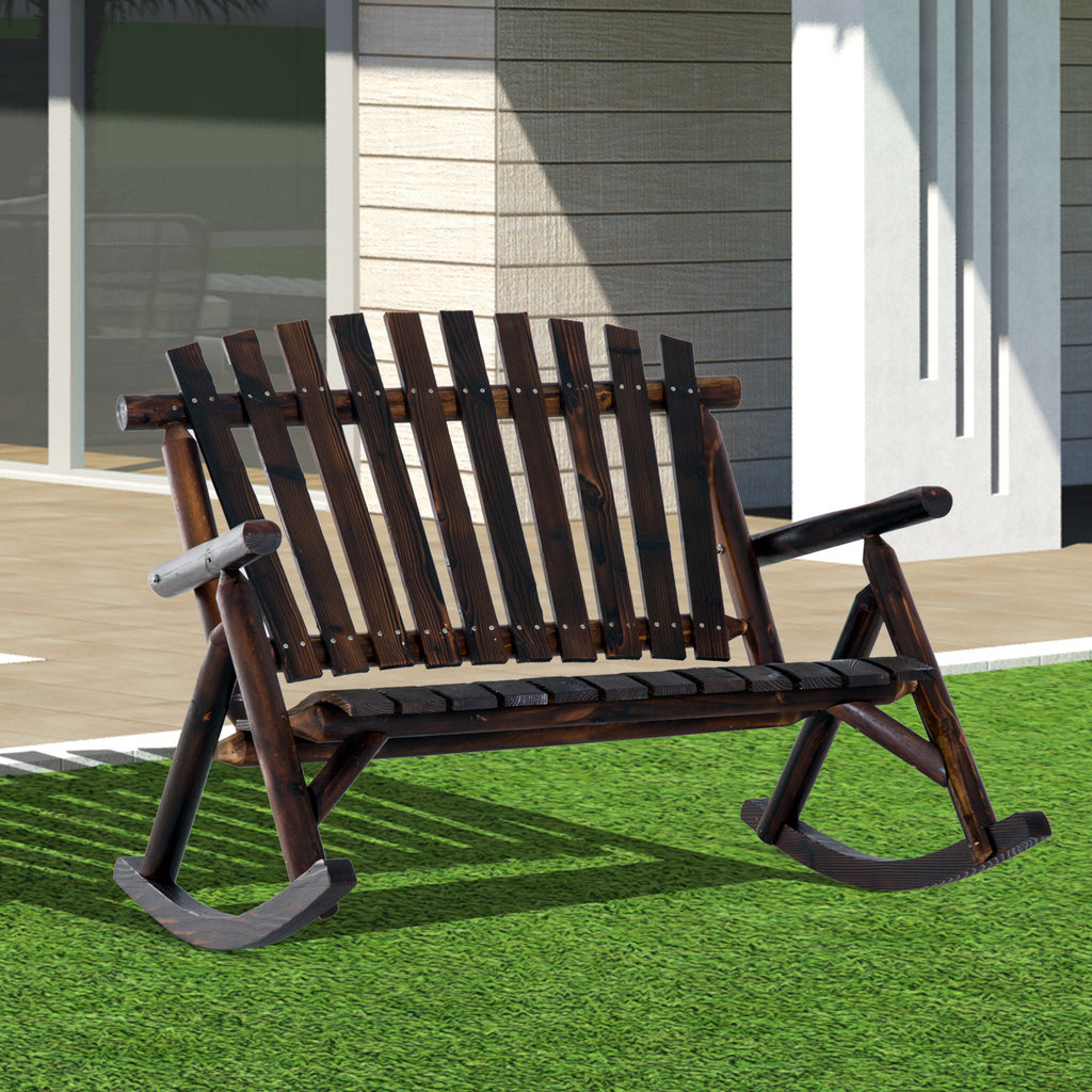 Wooden Porch Rocking Chair, Wood Double Adirondack, Rocker for Indoor or Outdoor with High Rise Slatted Back, Carbonized