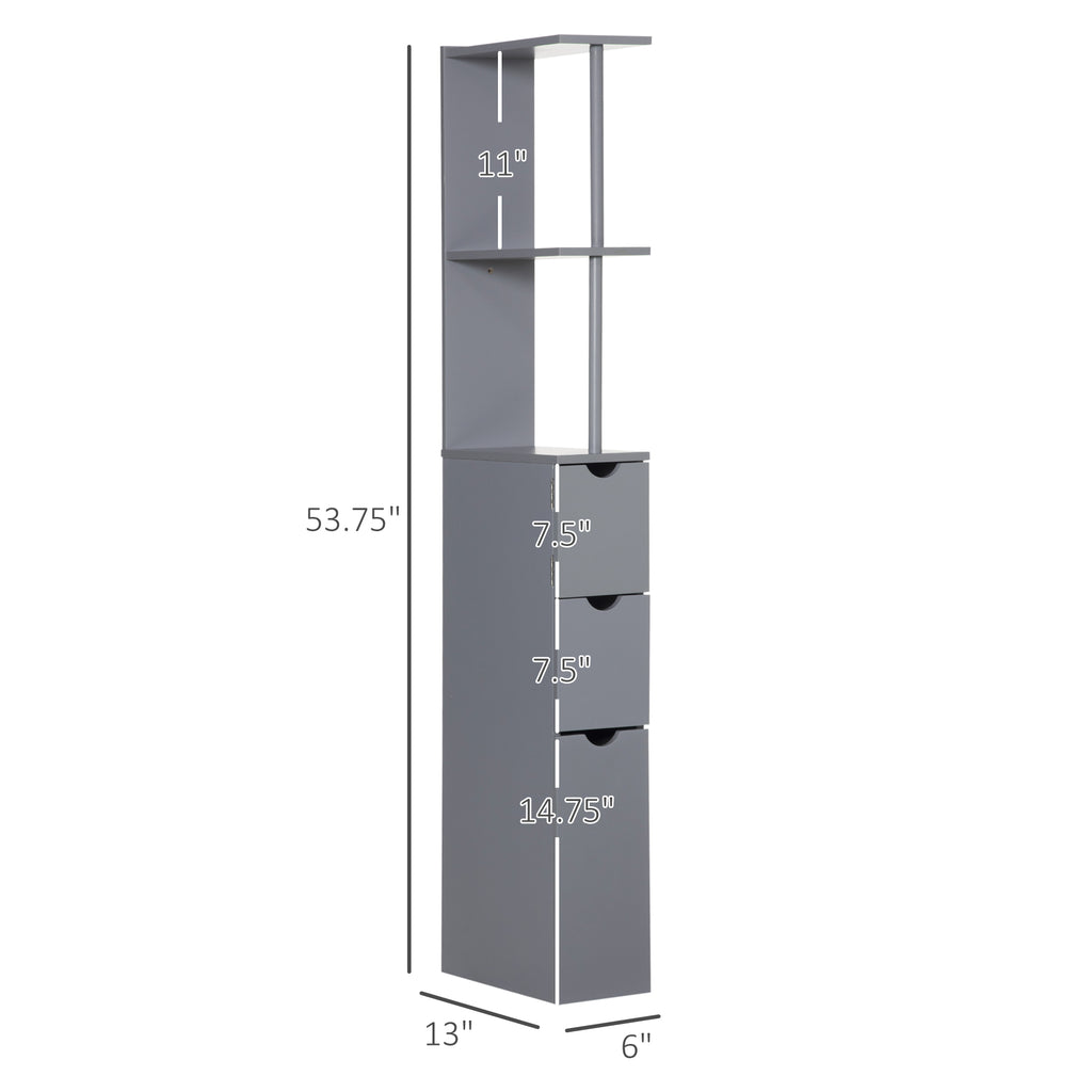 54" Tall Bathroom Storage Cabinet, Freestanding Linen Tower with 2-Tier Shelf and Drawers, Narrow Side Floor Organizer, Grey