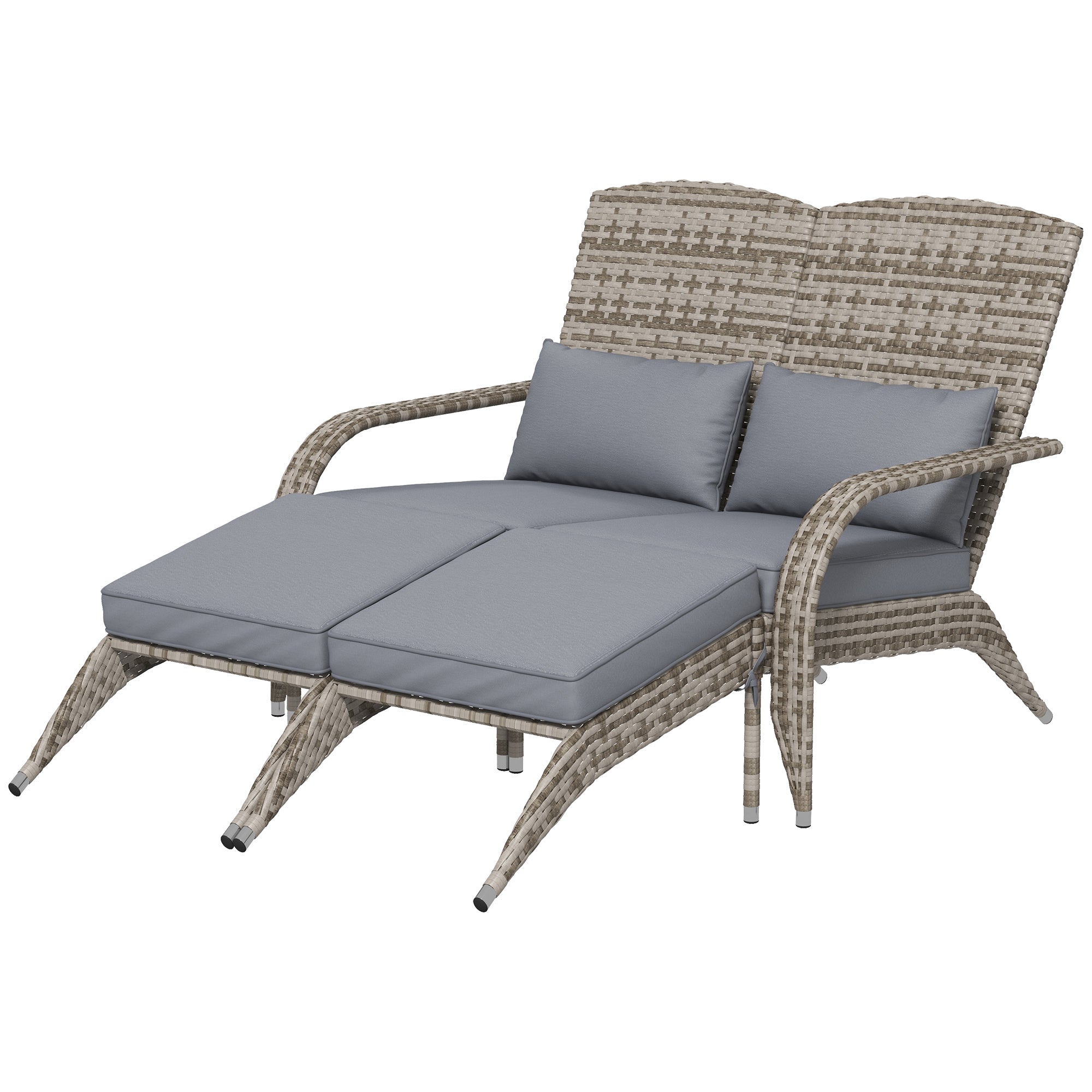 Wicker Adirondack Chair for 2 with Cushions & Footrests, PE Rattan Double Chaise Lounge Chair, Fire Pit Chair for Porch with Wide Armrests, High-back, Gray