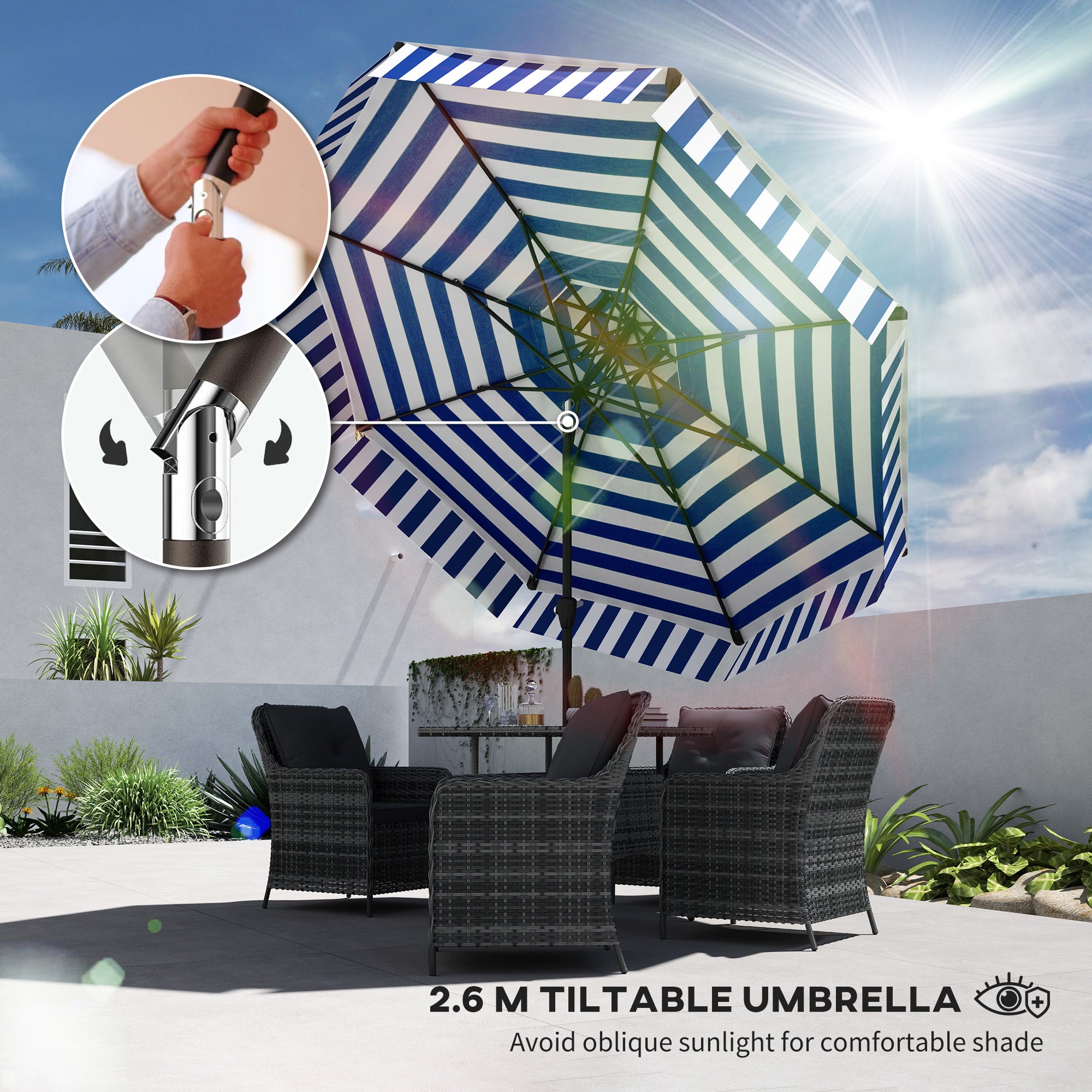 8.6FT Patio Umbrella, UPF 30+ Outdoor Market Umbrella, 2-Tier Vented Patio Table Umbrella with Crank 8 Ribs, Tiltable Porch Umbrella for Garden Deck Poolside, Navy Blue