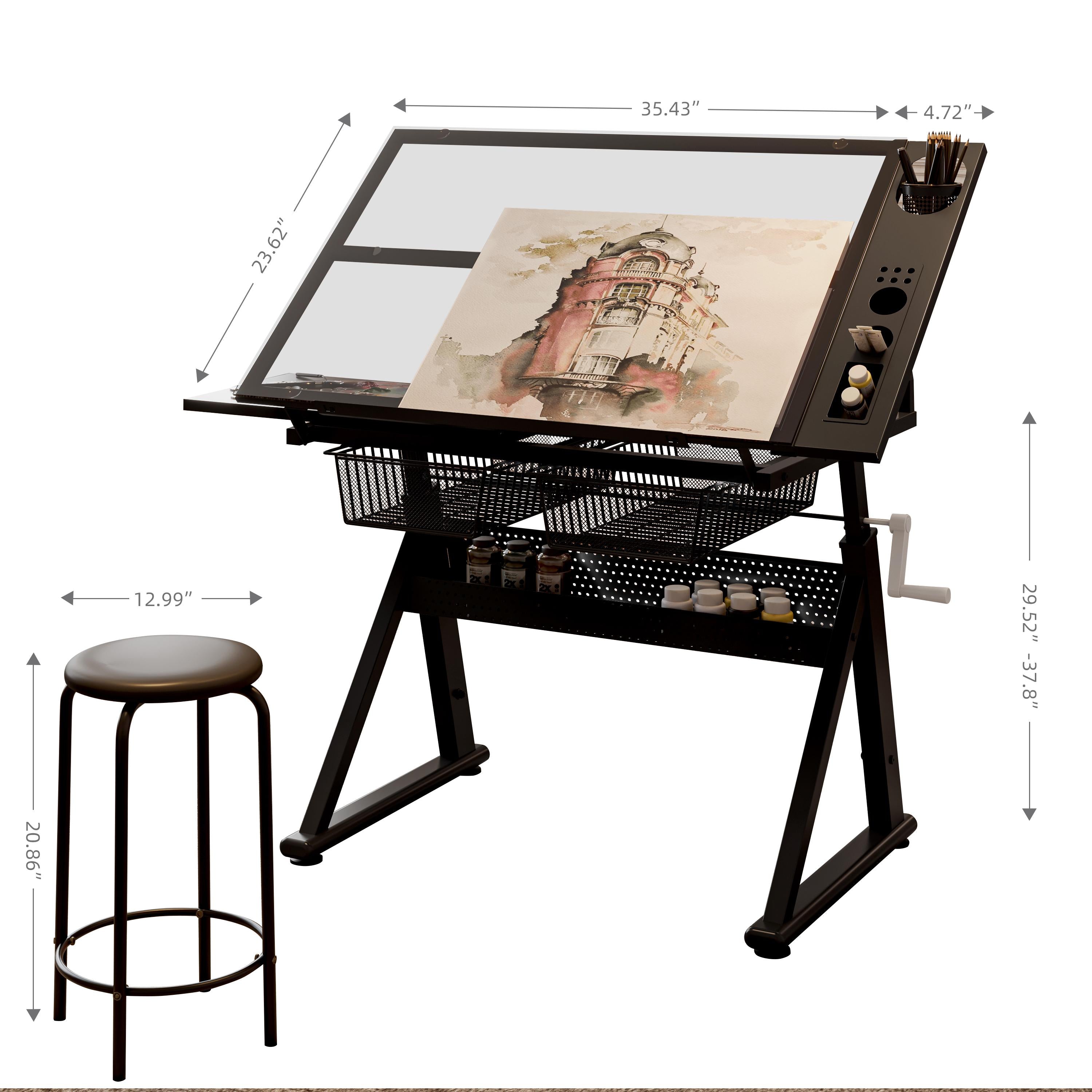 Hand-Crank Adjustable Drafting Table with 2 Large Metal Drawers, Drawing Desk with Tempered Glass Top, 40" L x 23.5" W x 29.5" H, Black