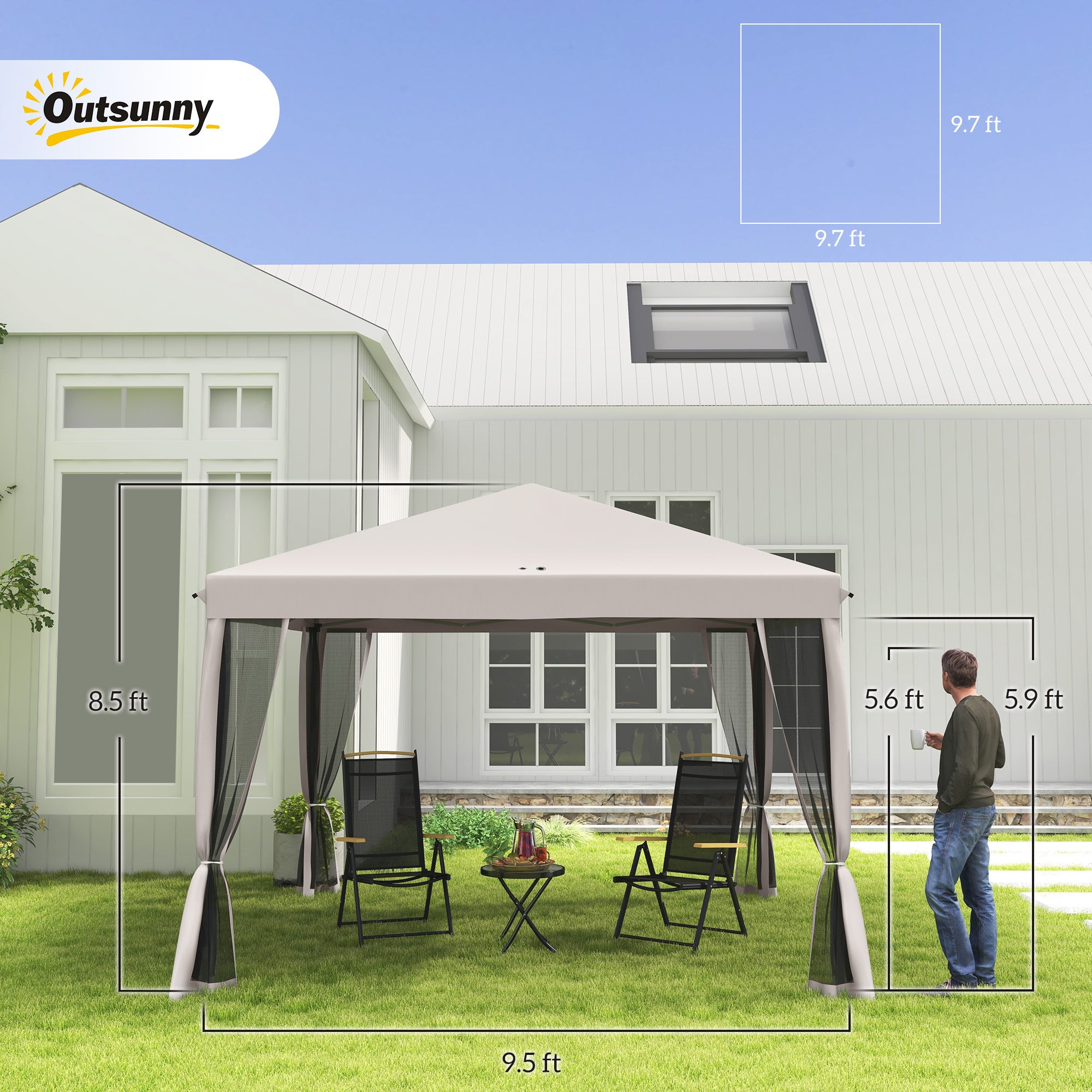 10' x 10' Pop Up Canopy Tent with Netting, Instant Gazebo, Screen House Room with Carry Bag, Height Adjustable, for Outdoor, Garden, Patio, Camping, Beige