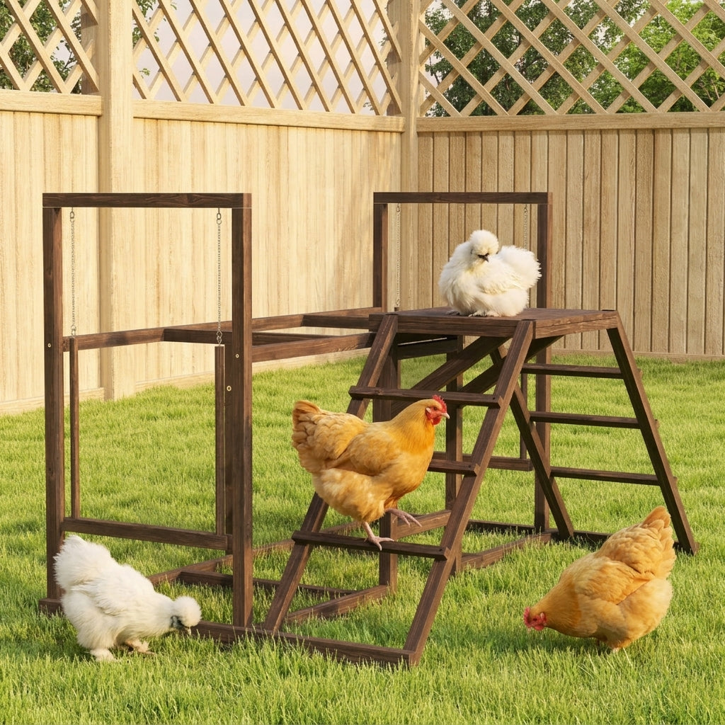 Chicken Activity Play Set with Multiple Chicken Perches, Swing, Ladder, Platform for 3-4 Chickens, Coffee