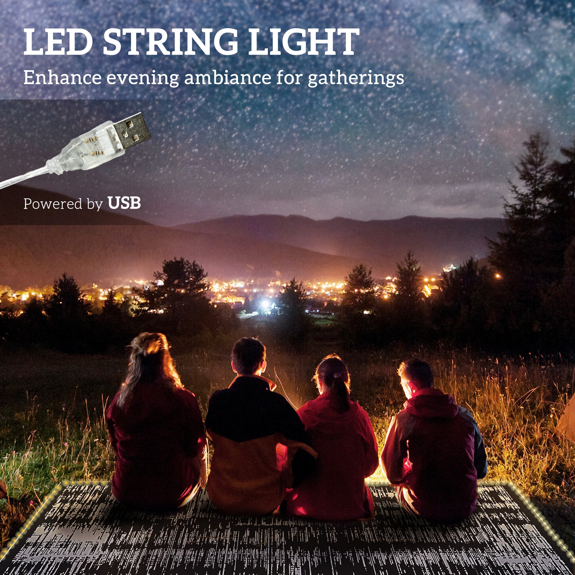 Reversible Outdoor Rug Carpet with LED Lights, Carry Bag & Ground Stakes for Backyard, Deck, Picnic, Beach, 12' x 9'