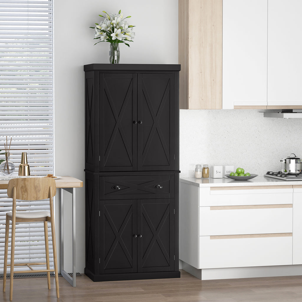 72" Kitchen Pantry Storage Cabinet, Traditional Freestanding Pantry Cabinet with 4 Doors and 2 Adjustable Shelves, Large Central Drawer, X-Frame, Black