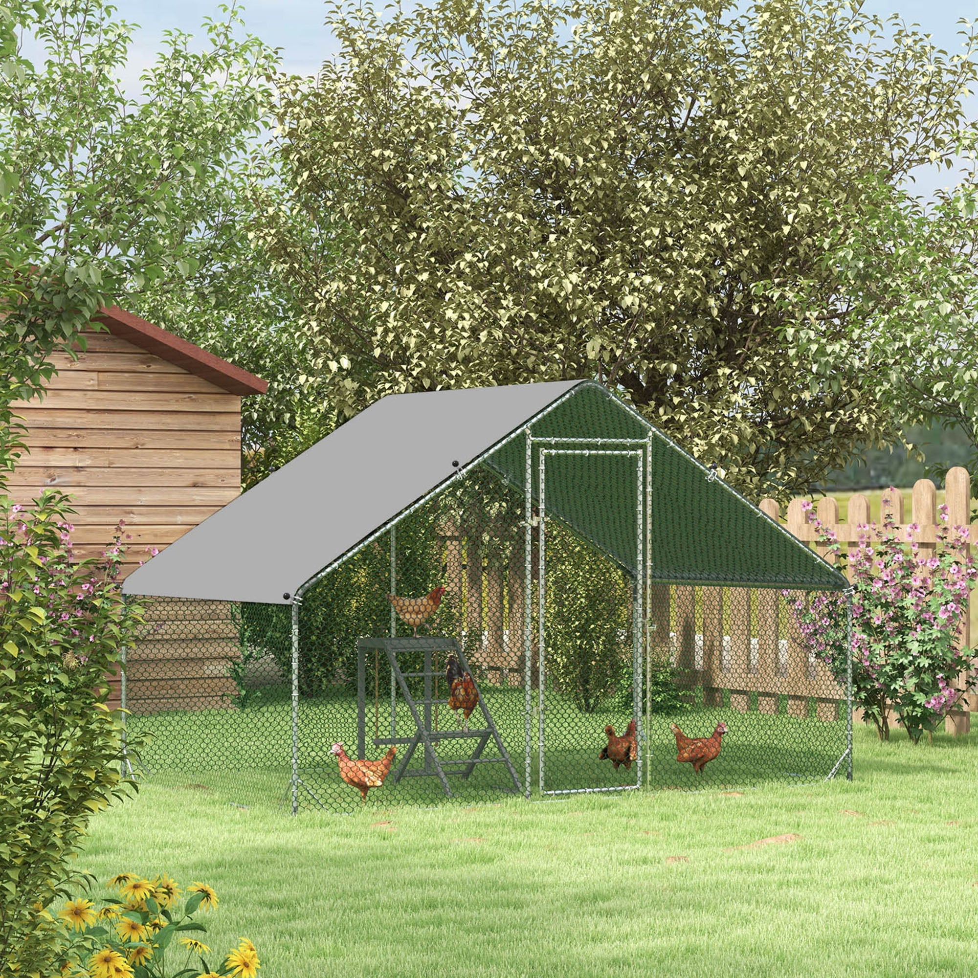 Large Chicken Coop Metal Chicken Run with Waterproof and Anti-UV Cover, Spire Shaped Walk in Fence Cage Hen House for Outdoor and Yard Farm Use, 1" Tube Diameter, 9.8' x 6.6' x 6.6'