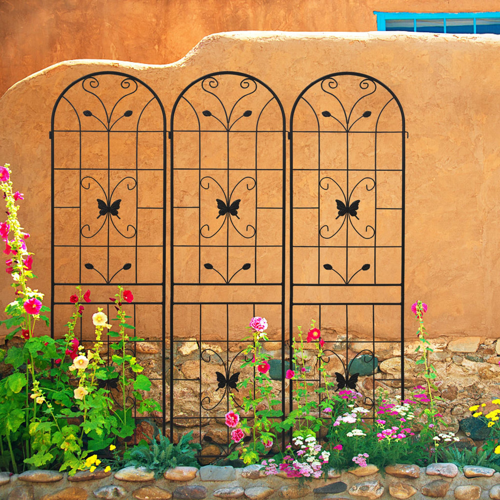 4 Pack Metal Garden Trellis with Butterfly Decoration and Powder Coated Iron, Extendable Design Rustproof Climbing Plant Support, Black