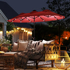 Double-sided Patio Umbrella, 9.7' Outdoor Umbrella with Tilt and Crank, LED Solar Light and 12 Ribs, Wine Red