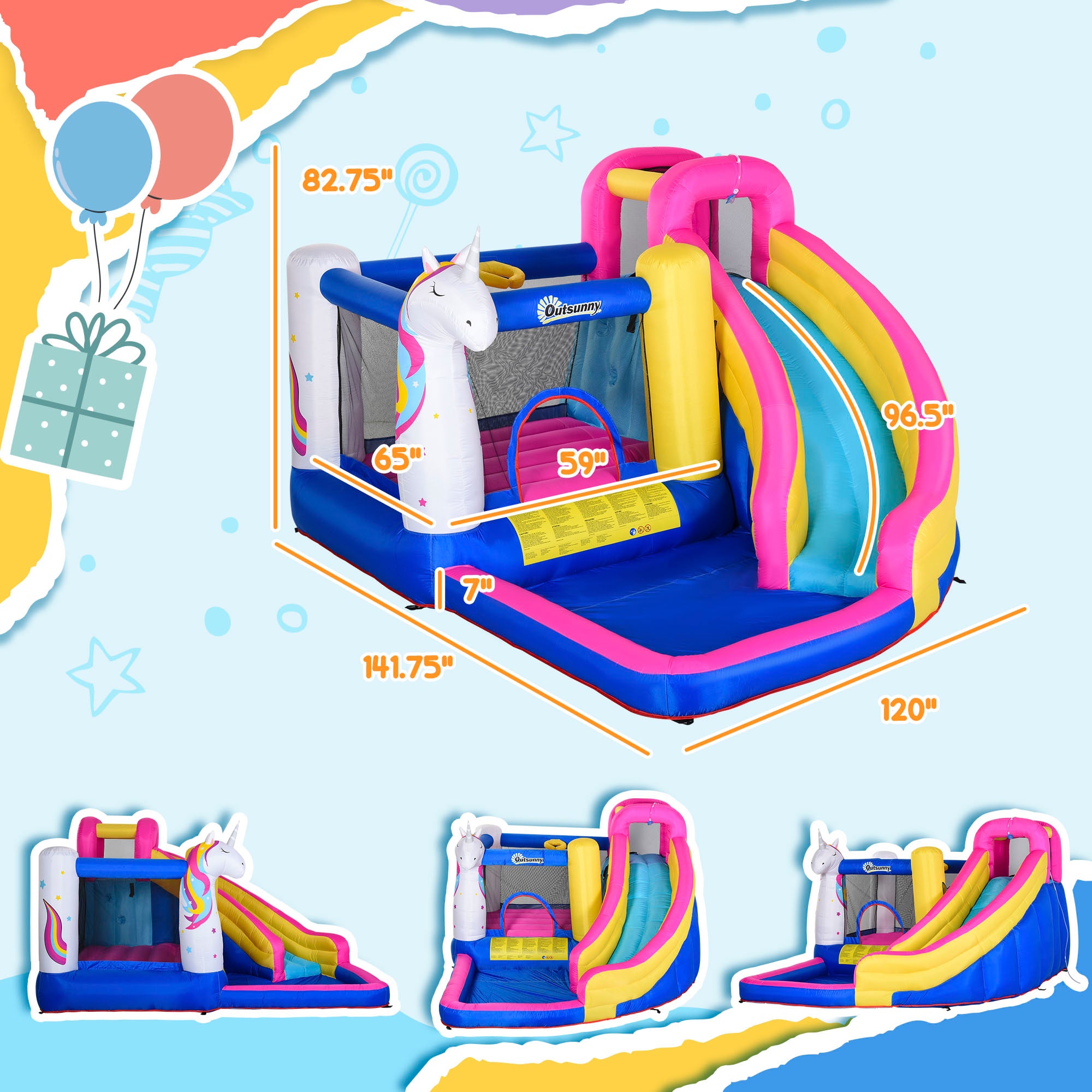 Inflatable Water Slide Bounce House with Trampoline, Climbing Wall, Water Cannon, Basketball Hoop, Splash Pool, 450W Blower, Unicorn Themed Bouncy House for Kids 3-8 Years Old