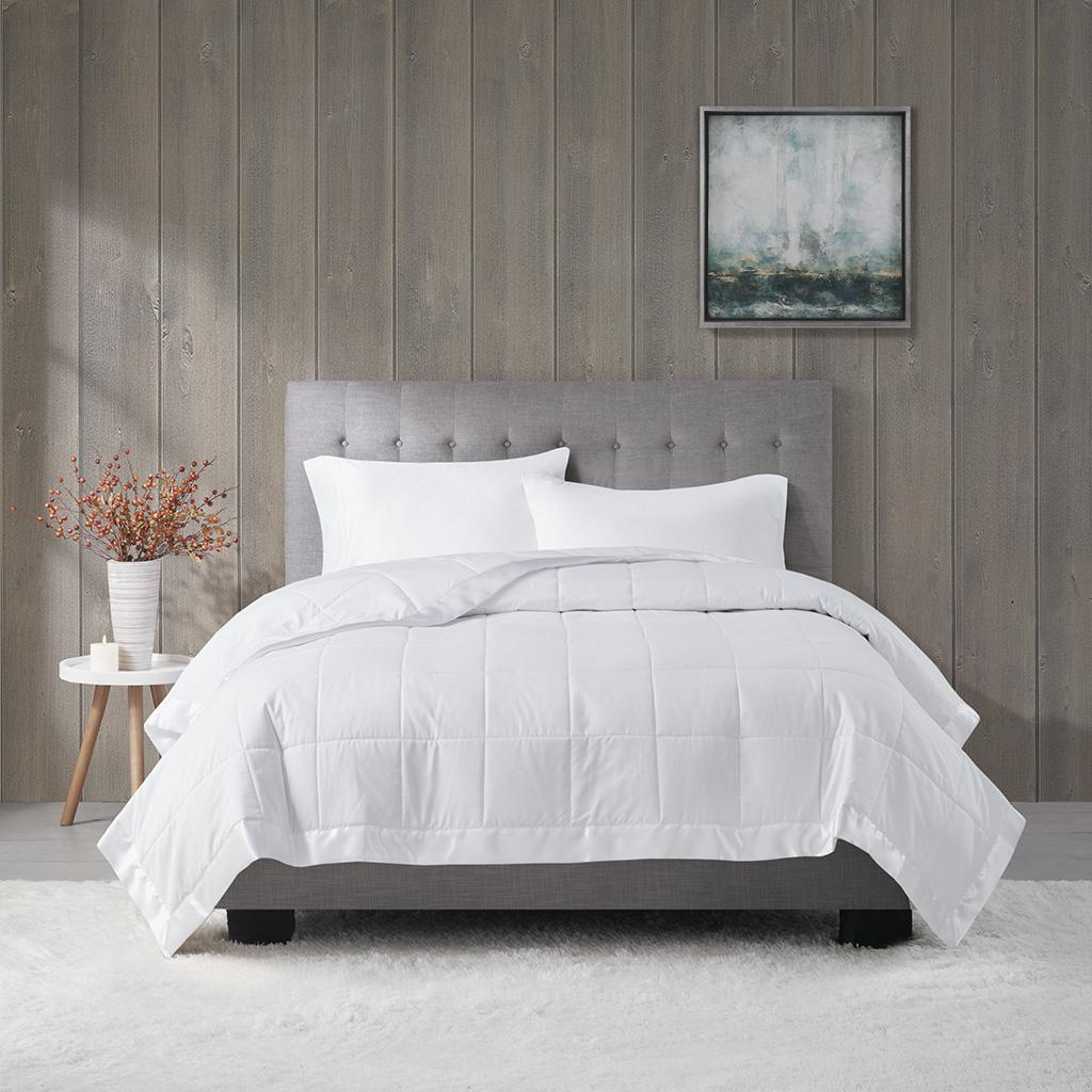 King Size Lightweight Down Alternative Blanket with Satin Trim, Hypoallergenic Polyester, Moisture-Wicking, 108" L x 90" W x 0.25" H, White