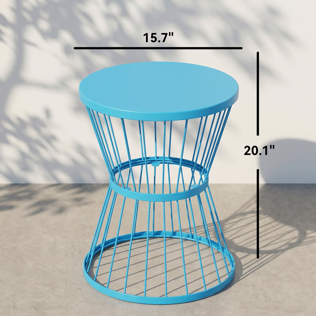 16" Patio Side Table, Garden End Table with Hourglass Design, Steel Accent Table for Outdoor and Indoor Use, Blue