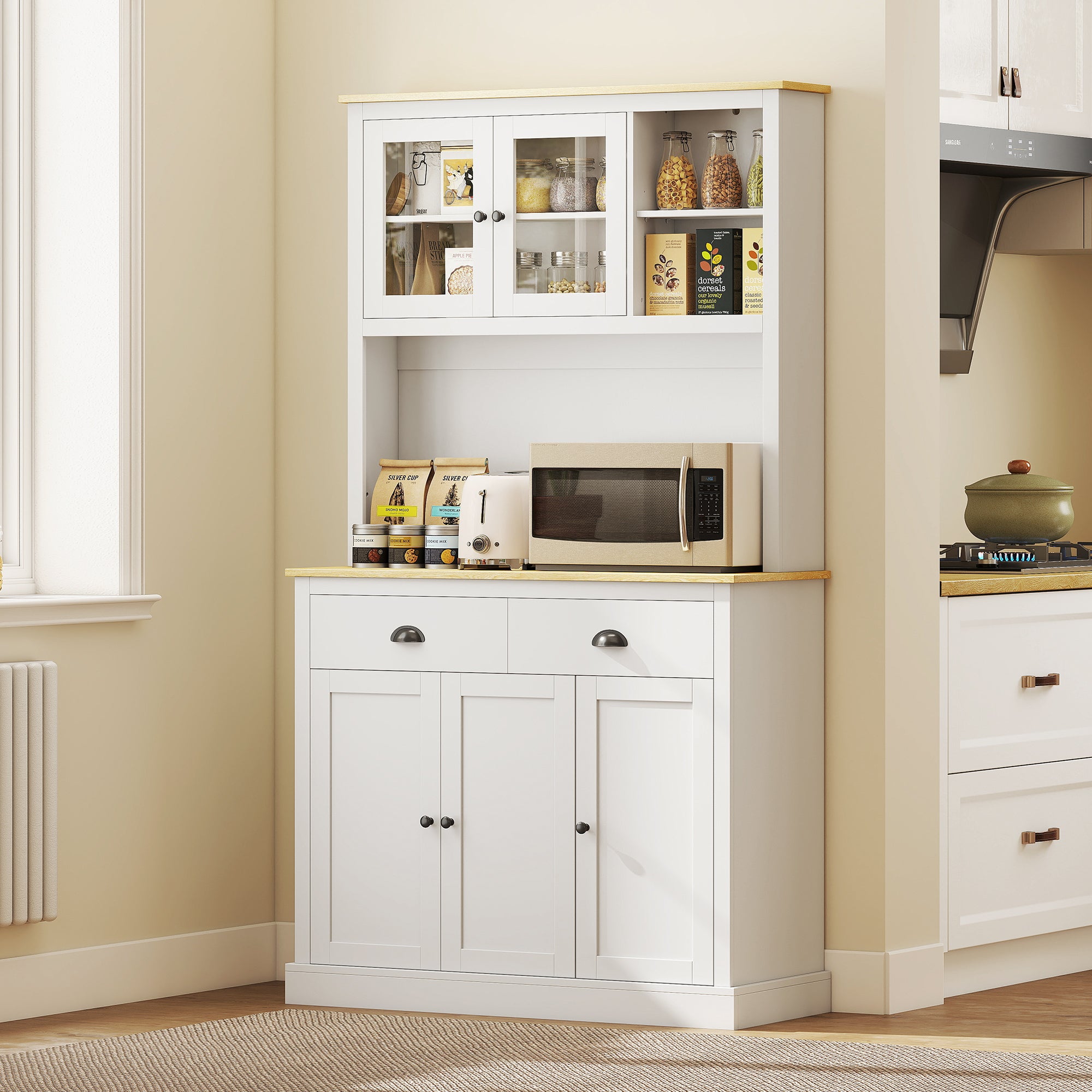Freestanding Kitchen Cabinet, 71" Tall Pantry Cabinet, Modern Hutch with Wide Countertop, Adjustable Shelves, White