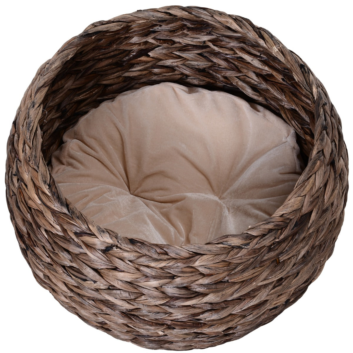 Handwoven Elevated Cat Bed with Rotating Basket and Soft Cushion, Wicker Cat Egg Chair with Stand, Brown