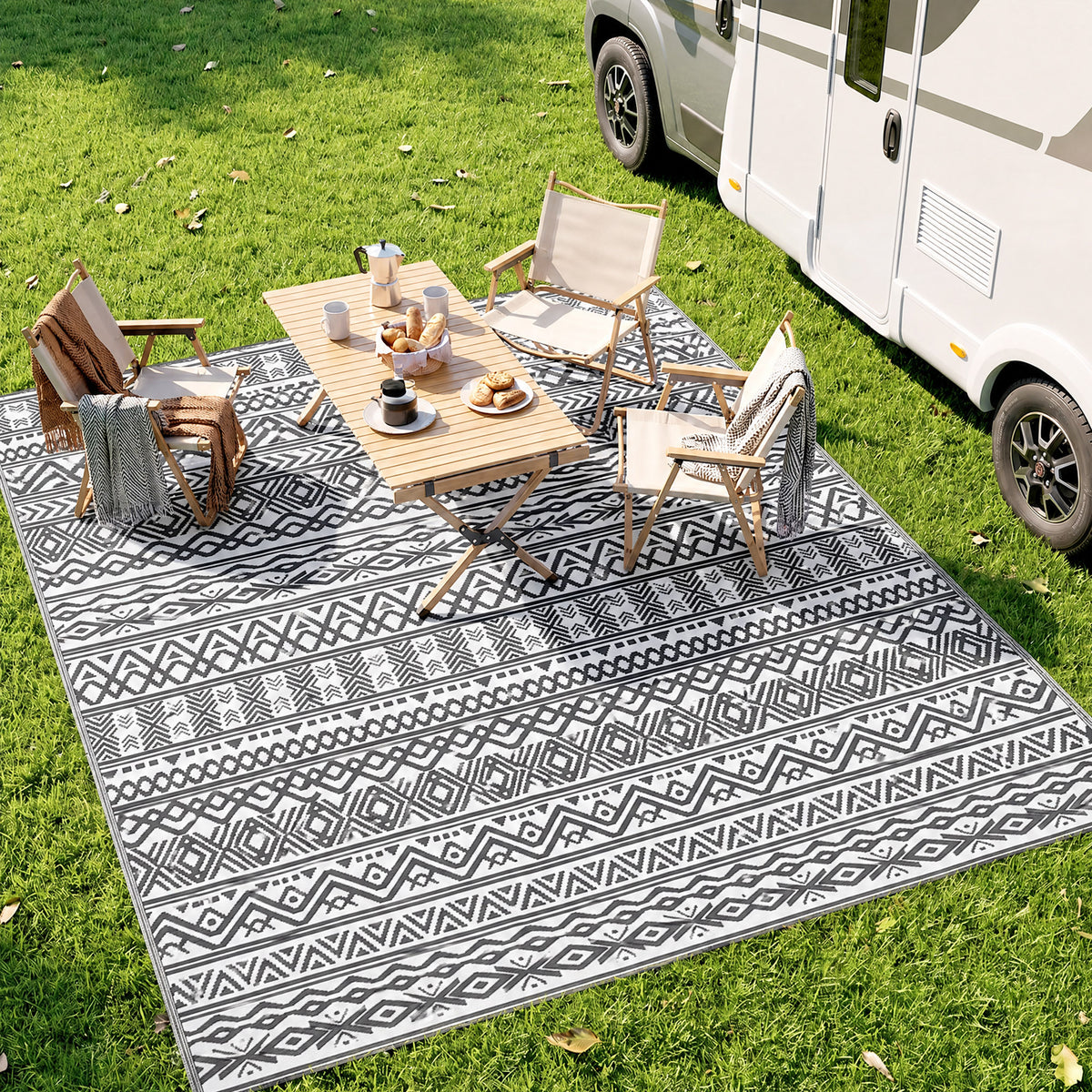 Reversible Outdoor Rug Carpet RV Camping Rugs with Carry Bag, 8' x 10', Gray & Cream White Boho