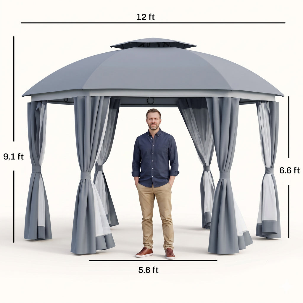 12' x 12' Round Outdoor Gazebo, Patio Dome Gazebo Canopy Shelter with Double Roof, Netting Sidewalls and Curtains, Zippered Doors, Strong Steel Frame, Grey