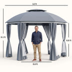 12' x 12' Round Outdoor Gazebo, Patio Dome Gazebo Canopy Shelter with Double Roof, Netting Sidewalls and Curtains, Zippered Doors, Strong Steel Frame, Grey