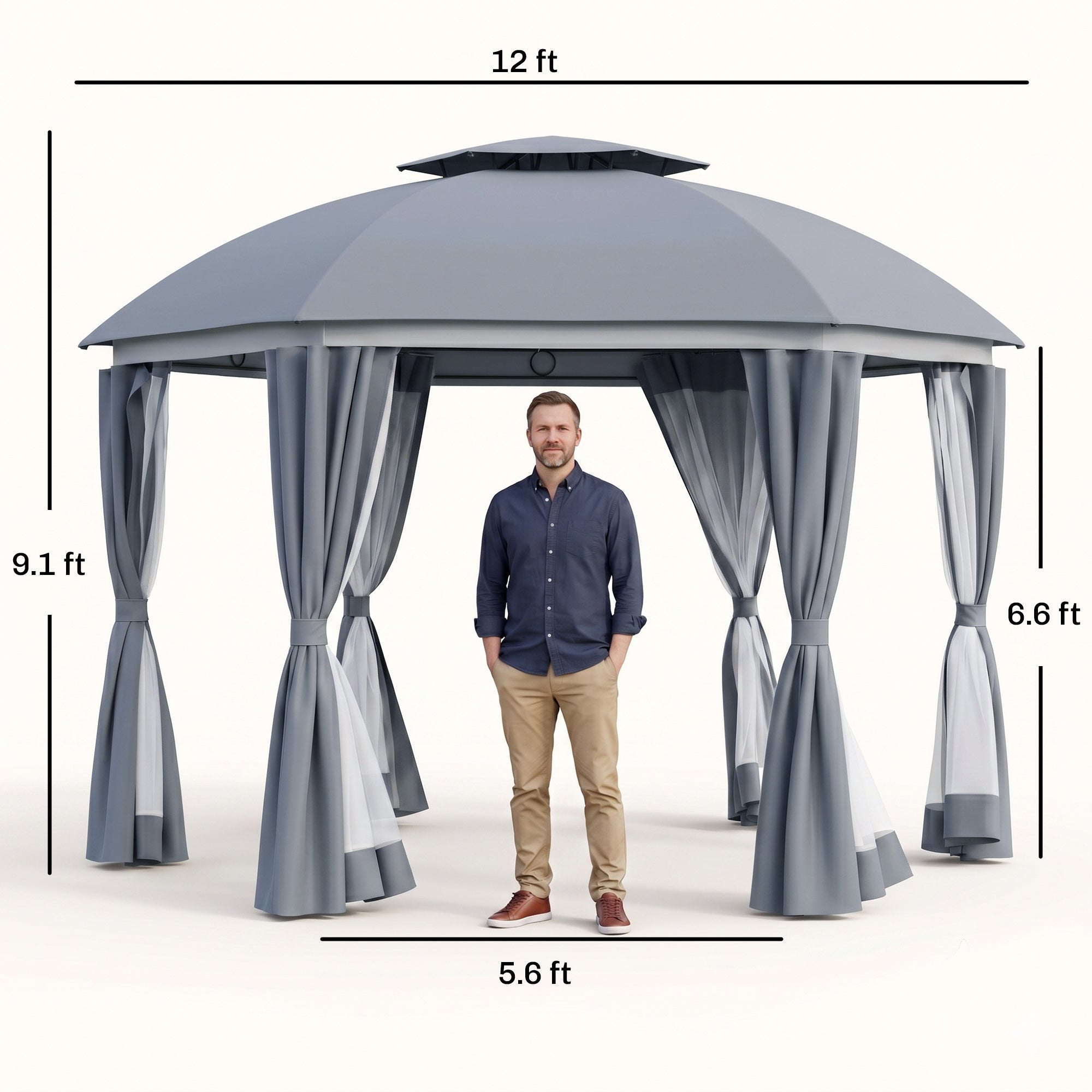 12' x 12' Round Outdoor Gazebo, Patio Dome Gazebo Canopy Shelter with Double Roof, Netting Sidewalls and Curtains, Zippered Doors, Strong Steel Frame, Grey