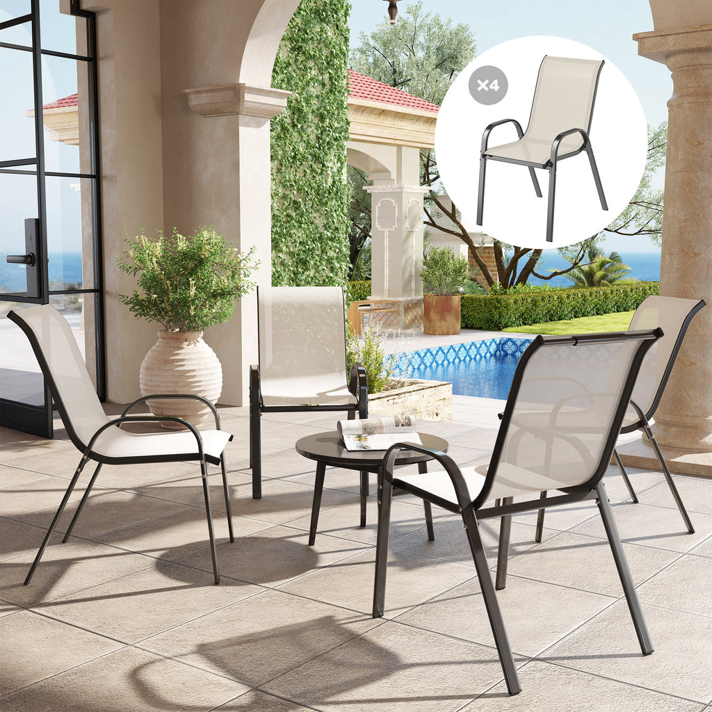 Set of 4 Outdoor Dining Chairs, Stackable Patio Chairs with High Back, Breathable Mesh Seat for Garden Lawn, Beige