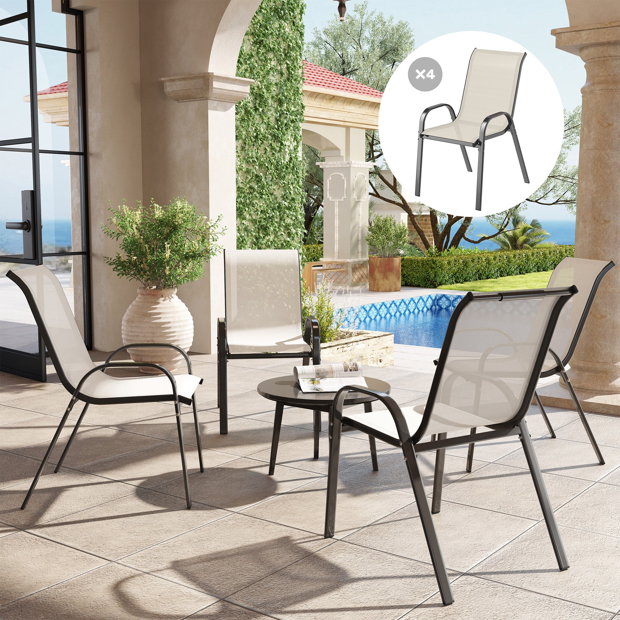 Set of 4 Outdoor Dining Chairs, Stackable Patio Chairs with High Back, Breathable Mesh Seat for Garden Lawn, Beige