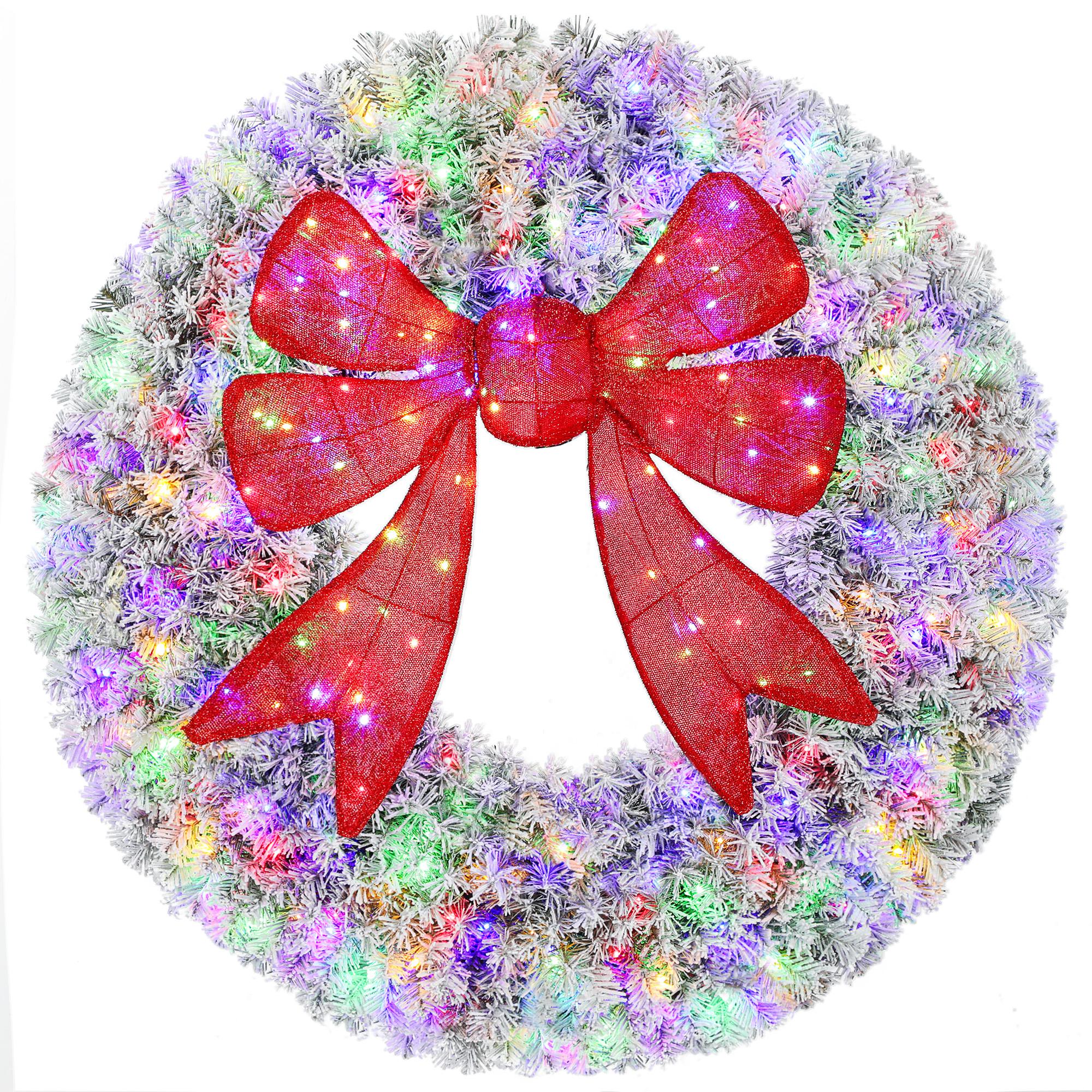 60in Flocked Pre-Lit Christmas Wreath with 3D Red Bow, 11 Lighting Modes, Front Door Christmas Wreath with Remote