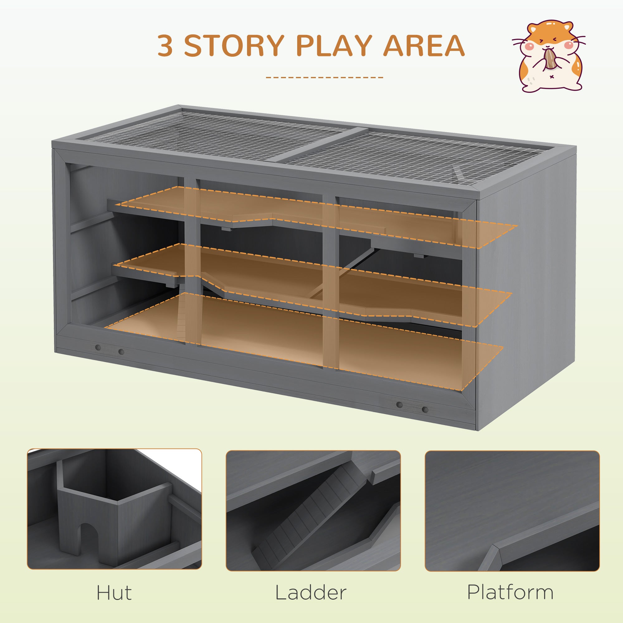 Extra Large Wooden Hamster Cage with Opening Roof, Hut, Ramps, Gray