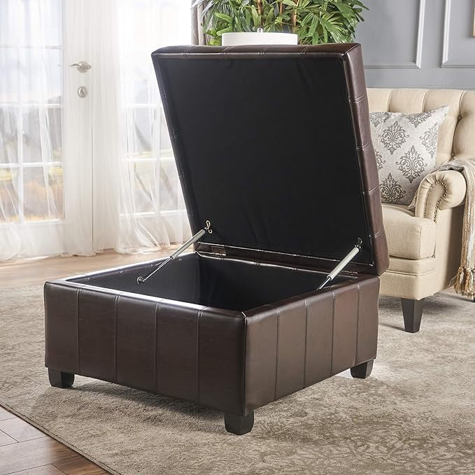 Square Ottoman with Tufted Waffle Stitch, Contemporary Design, Upholstered Storage Space, 31" L x 31" W x 18.6" H, Brown