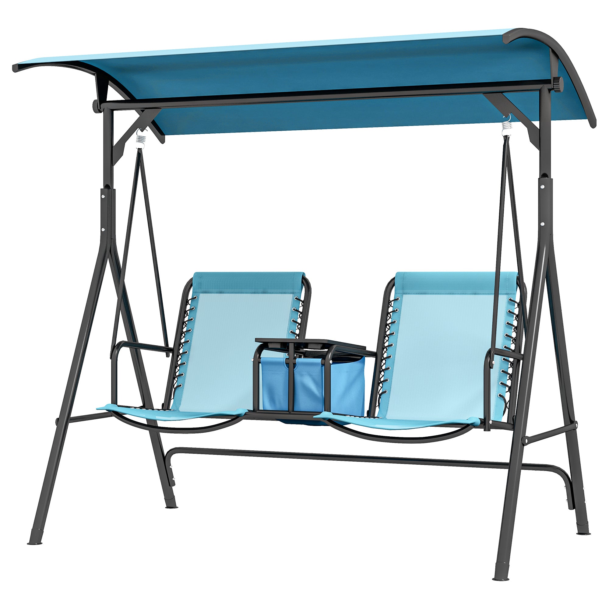 2 Person Porch Swing with Canopy, Storage Table, Cup Holder, Blue