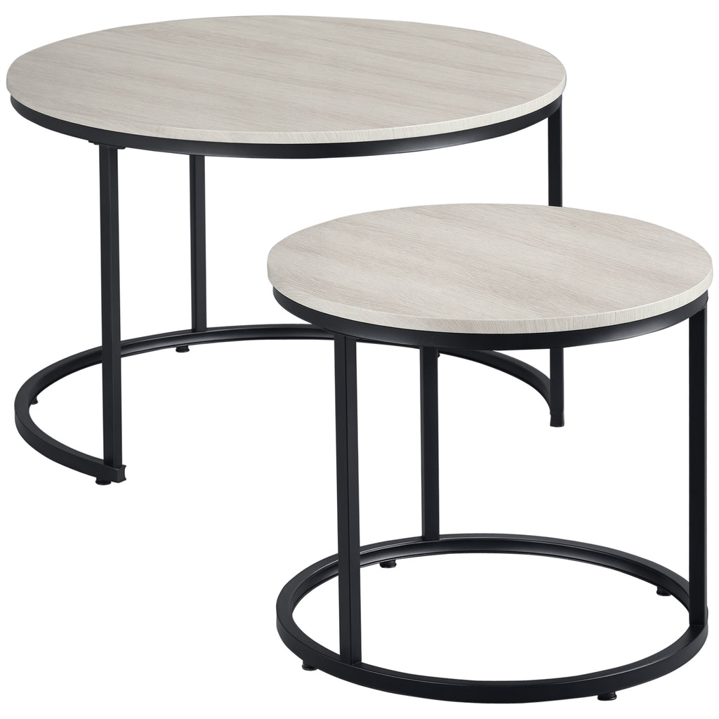 Round Nesting Tables Set of 2, Stacking Coffee Table Set with Metal Frame for Living Room, Grey