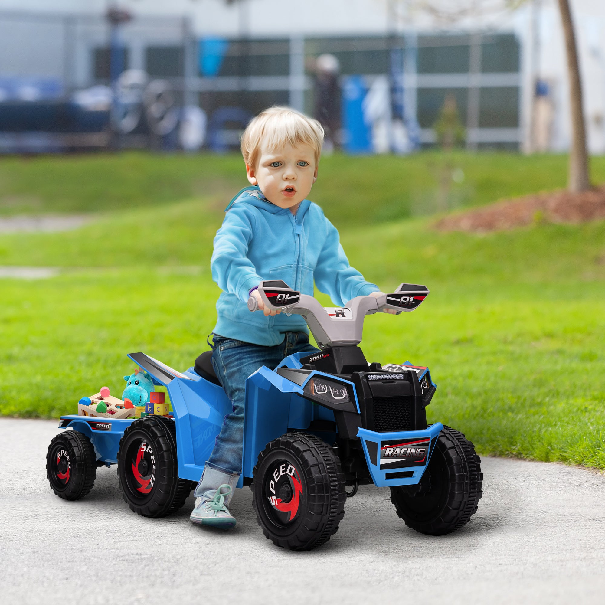 6V Electric Toy Car with Back Trailer, Forward Backward, Wear-Resistant Wheels for Ages 18-36 Months, Blue