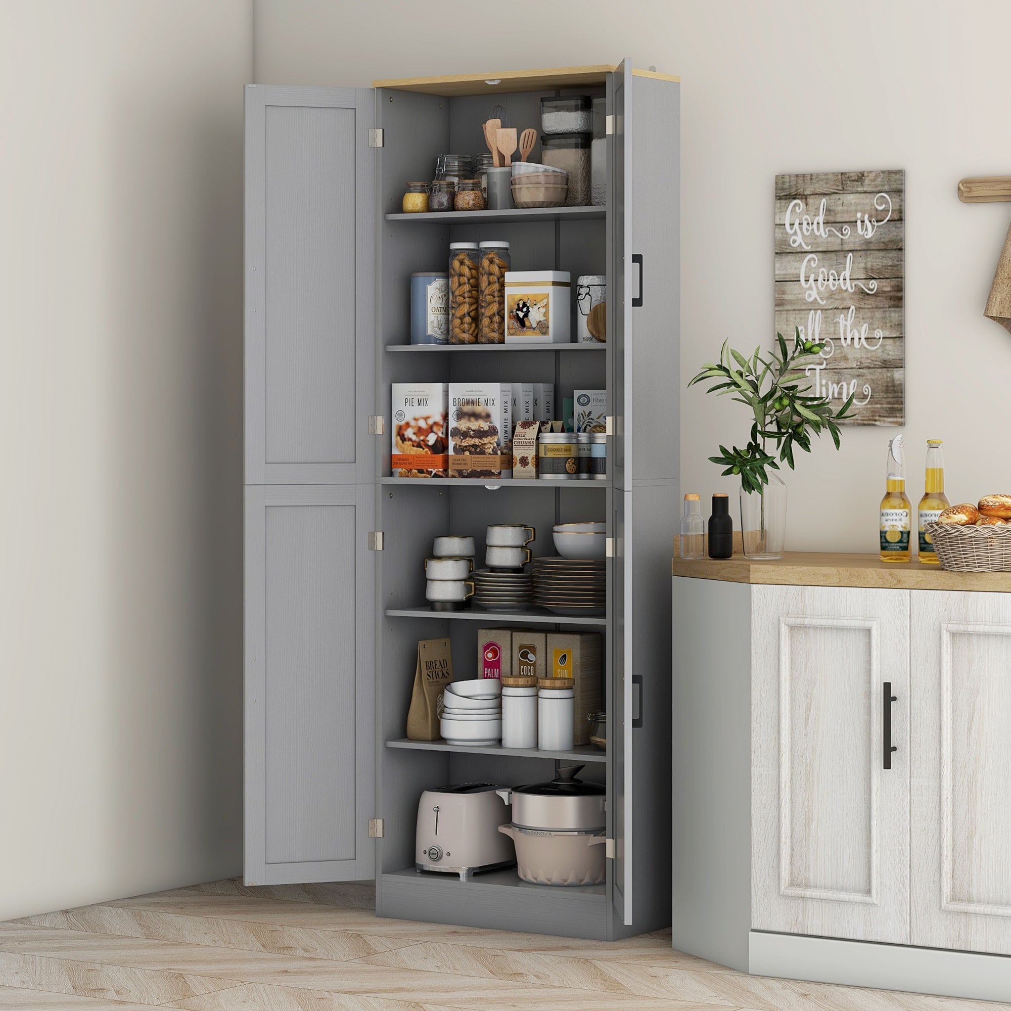 Freestanding Kitchen Pantry, 4-Door Kitchen Pantry Cabinet with Adjustable Shelves and Doors, Distressed White