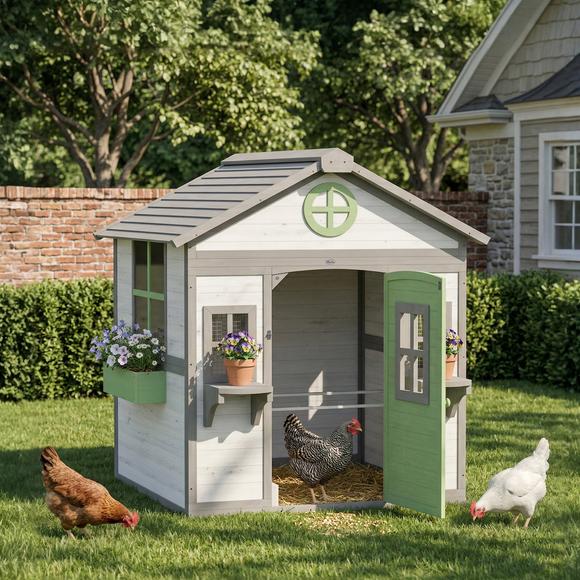 Chicken Coop, Wooden Hen House Outdoor Playhouse for 2-4 Chickens, Poultry Cage with Planter Pots and Boxes