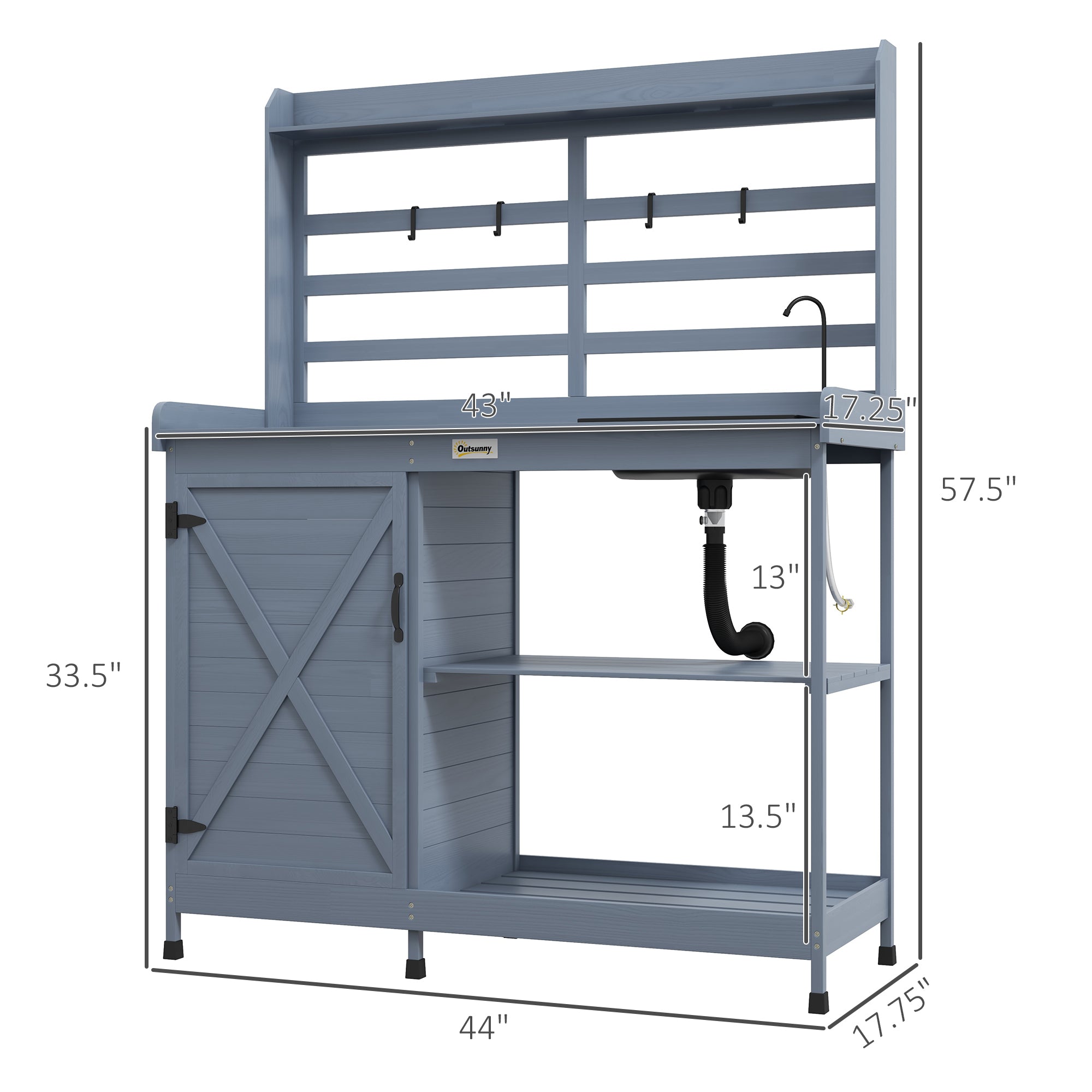 Wooden Potting Bench with Storage, Sink, Water Tap for Backyard, Patio, Balcony, Gray