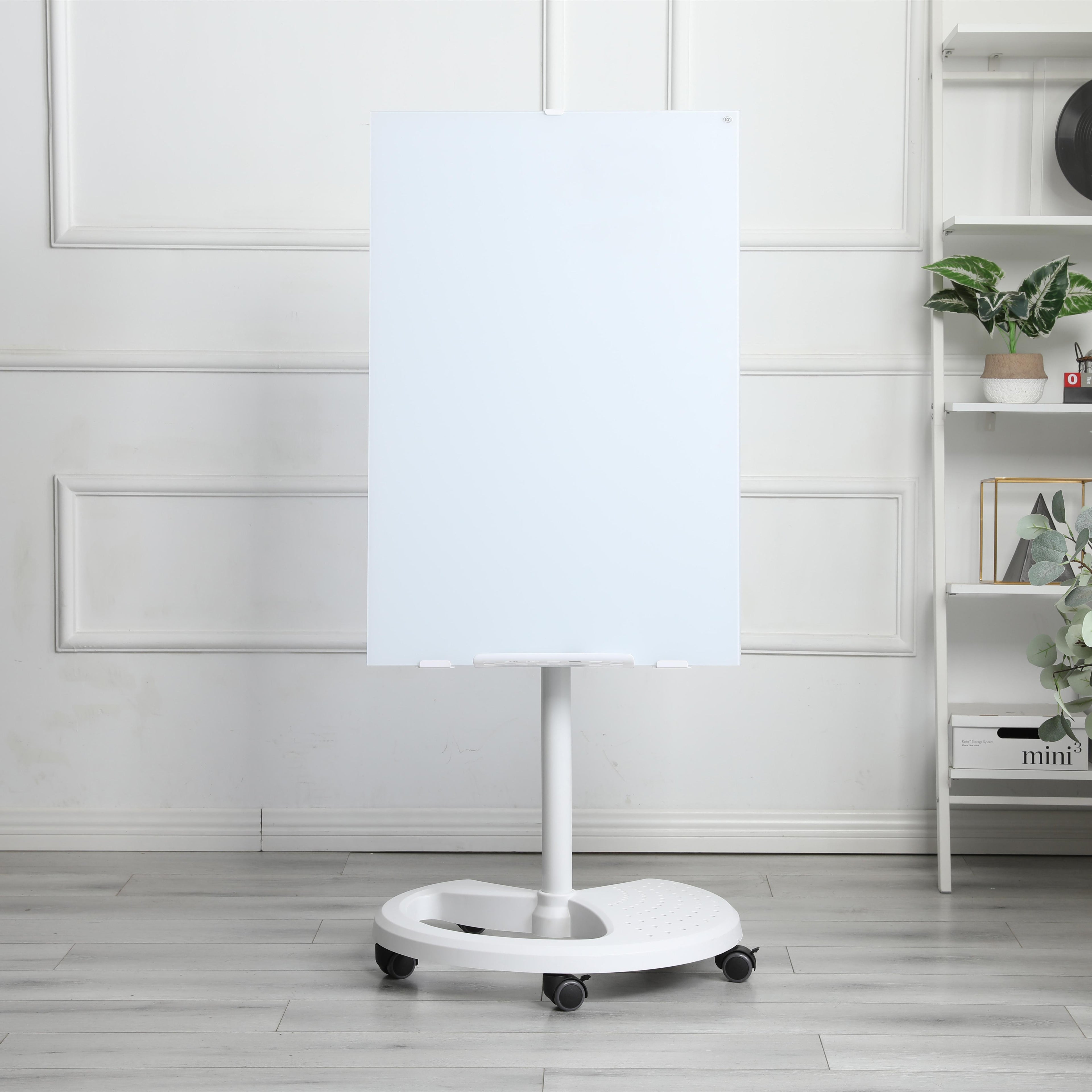 Magnetic Tempered Glass Dry Erase Board with 2 Magnets, 2 Markers & Eraser, White Panel with Locking Casters, 24" L x 24" W x 70" H, White