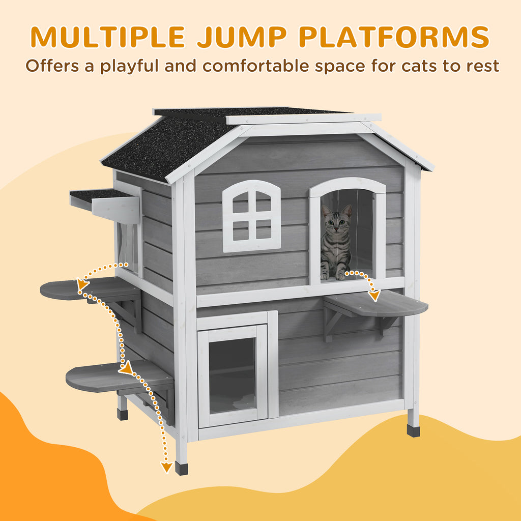 2-story Cat House Outdoor, Weatherproof Wooden Cat Enclosure for Feral Cats with Escape Door, Openable Roof, Jumping Platforms, Gray