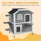 2-story Cat House Outdoor, Weatherproof Wooden Cat Enclosure for Feral Cats with Escape Door, Openable Roof, Jumping Platforms, Gray