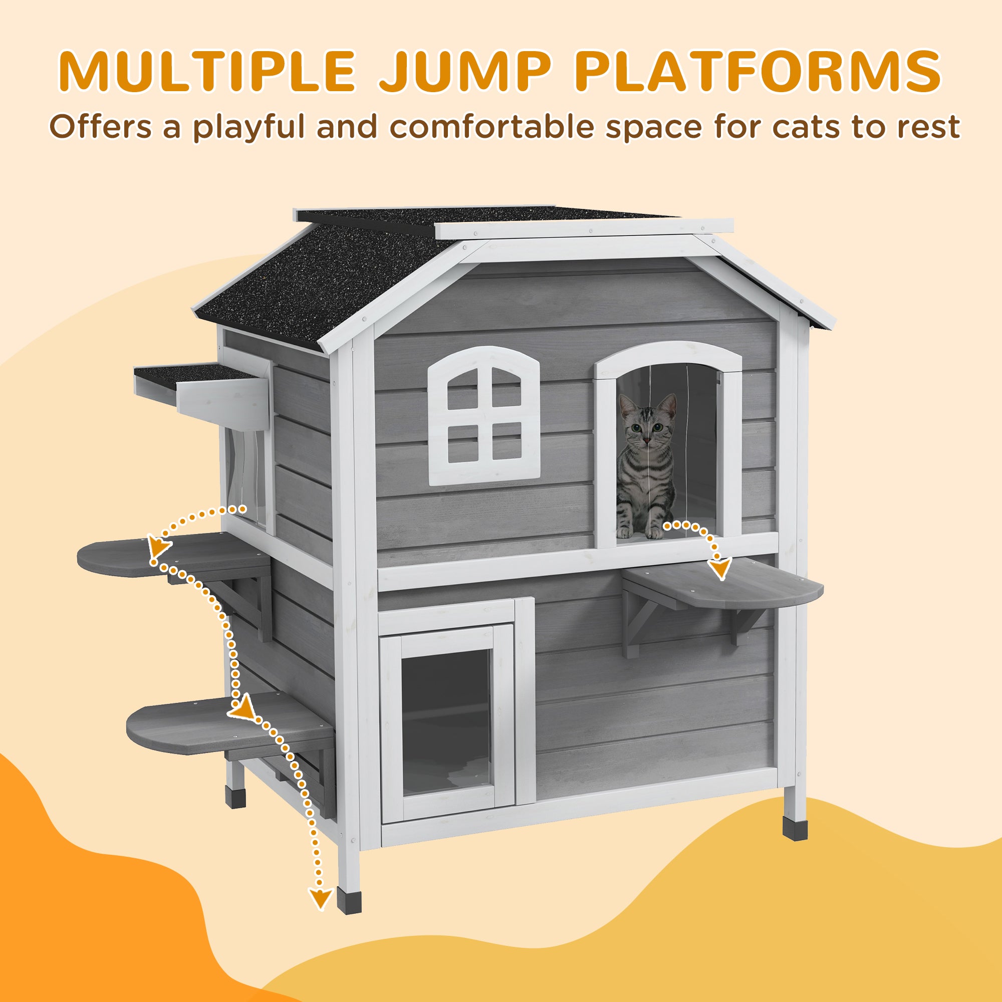 2-story Cat House Outdoor, Weatherproof Wooden Cat Enclosure for Feral Cats with Escape Door, Openable Roof, Jumping Platforms, Gray